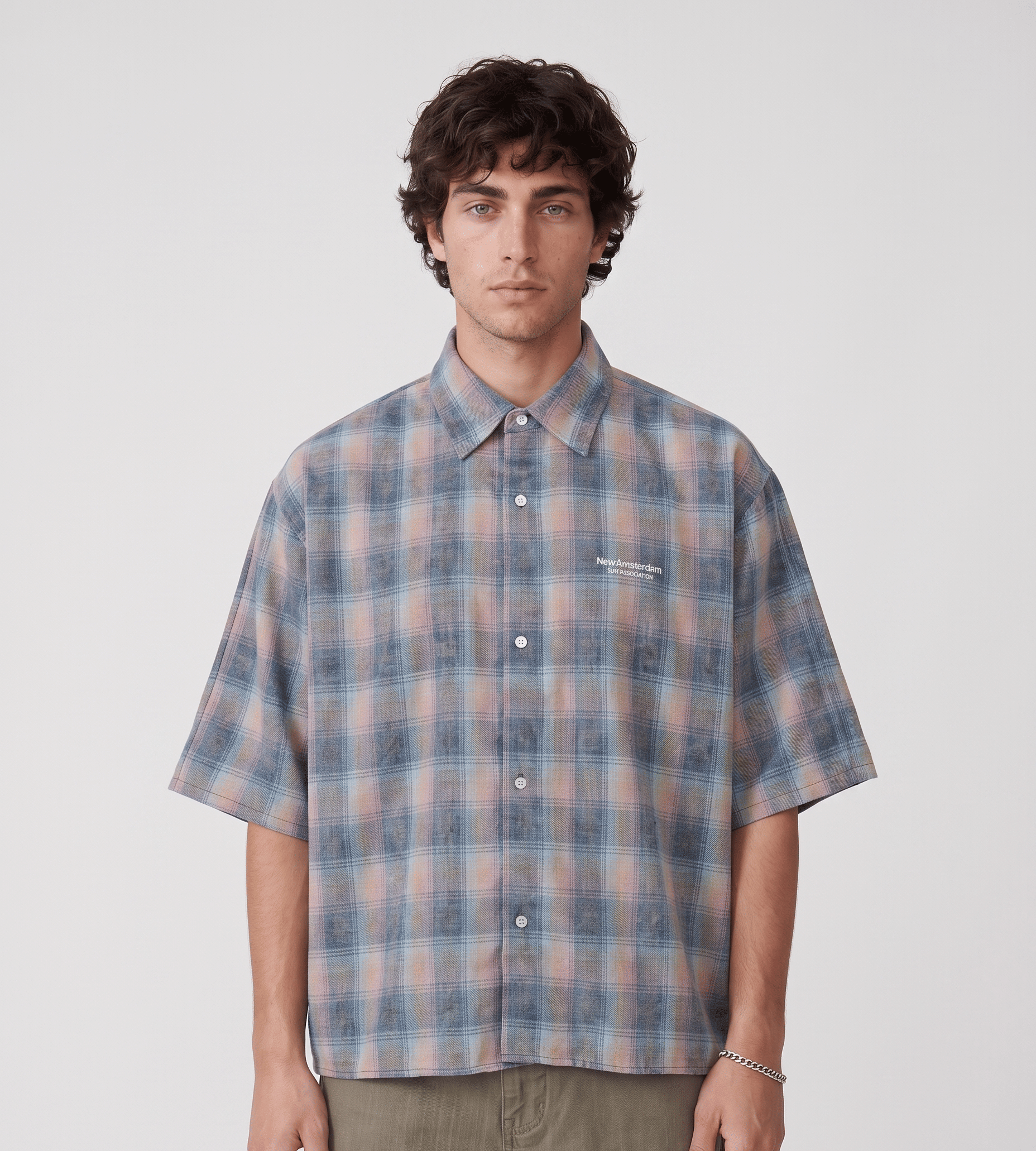 New Amsterdam Surf Association Flanel Short Sleeve Button Up Rainbow Check