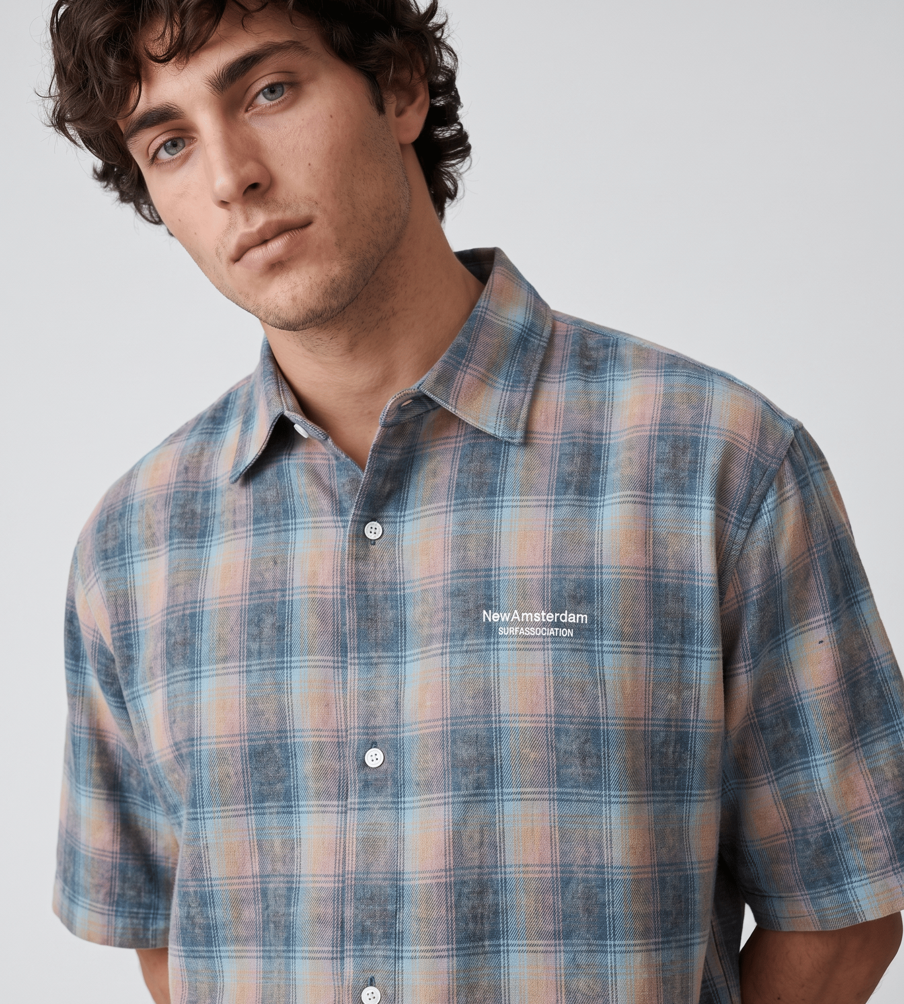 New Amsterdam Surf Association Flanel Short Sleeve Button Up Rainbow Check