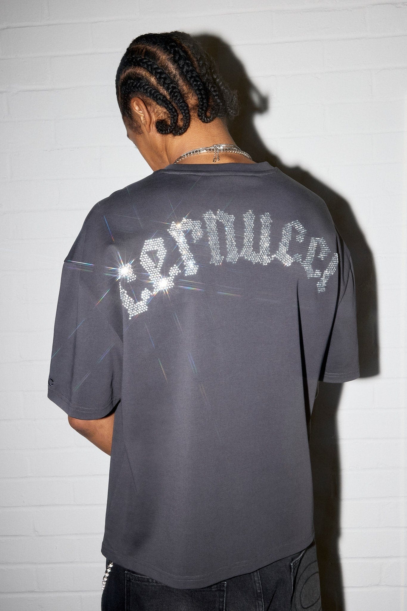 Cernucci Boxy Rhinestone Logo T - Shirt - Charcoal