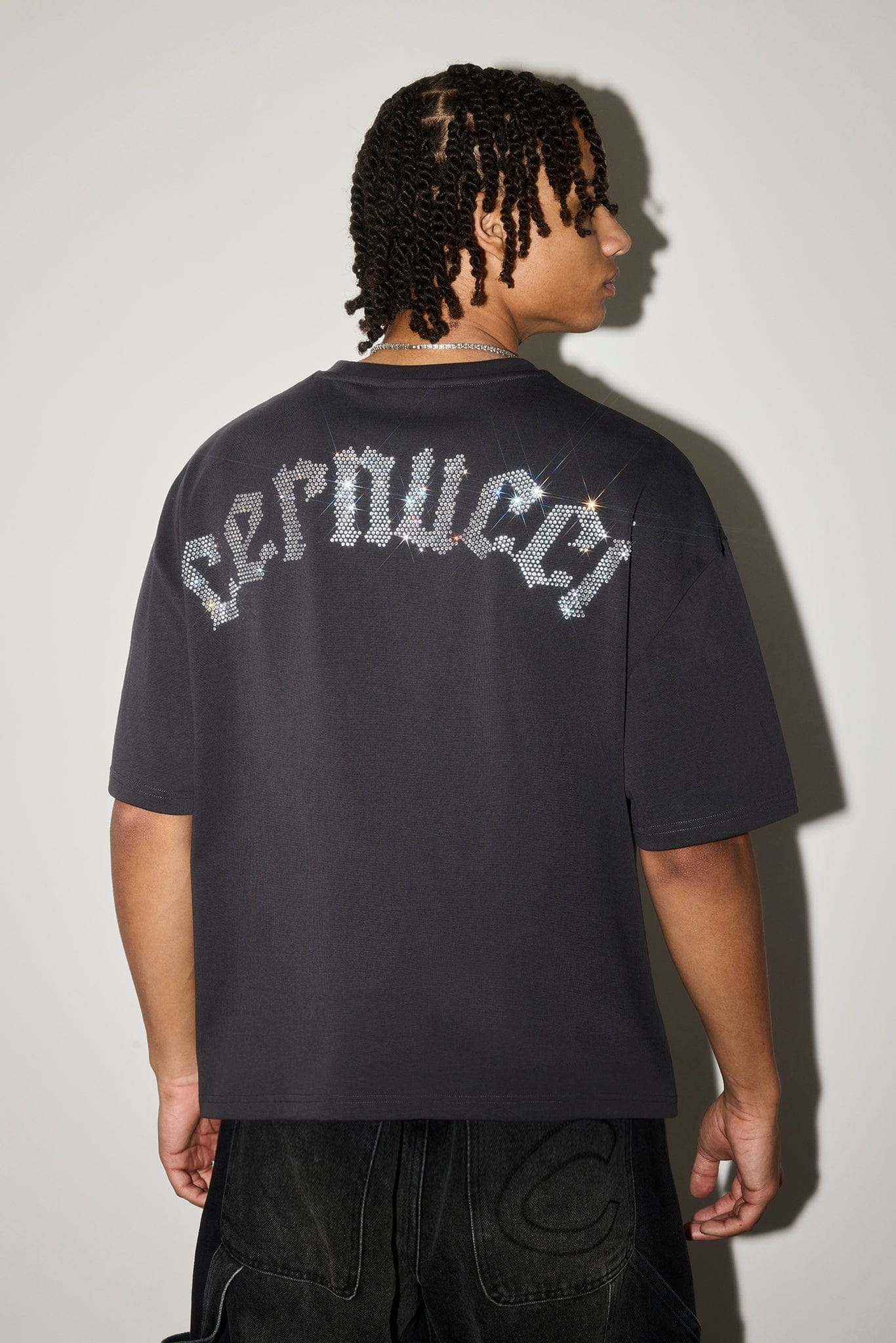 Cernucci Boxy Rhinestone Logo T - Shirt - Charcoal