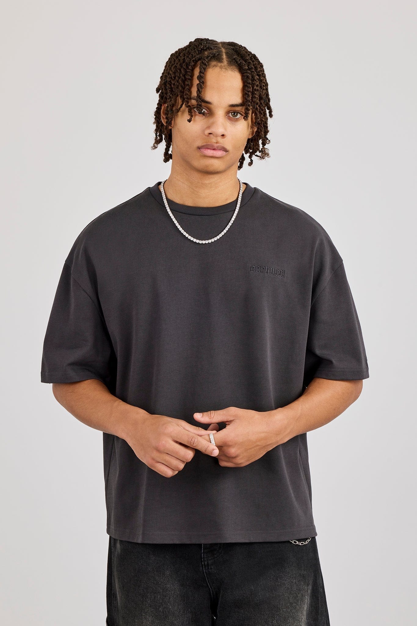 Cernucci Boxy Rhinestone Logo T - Shirt - Charcoal