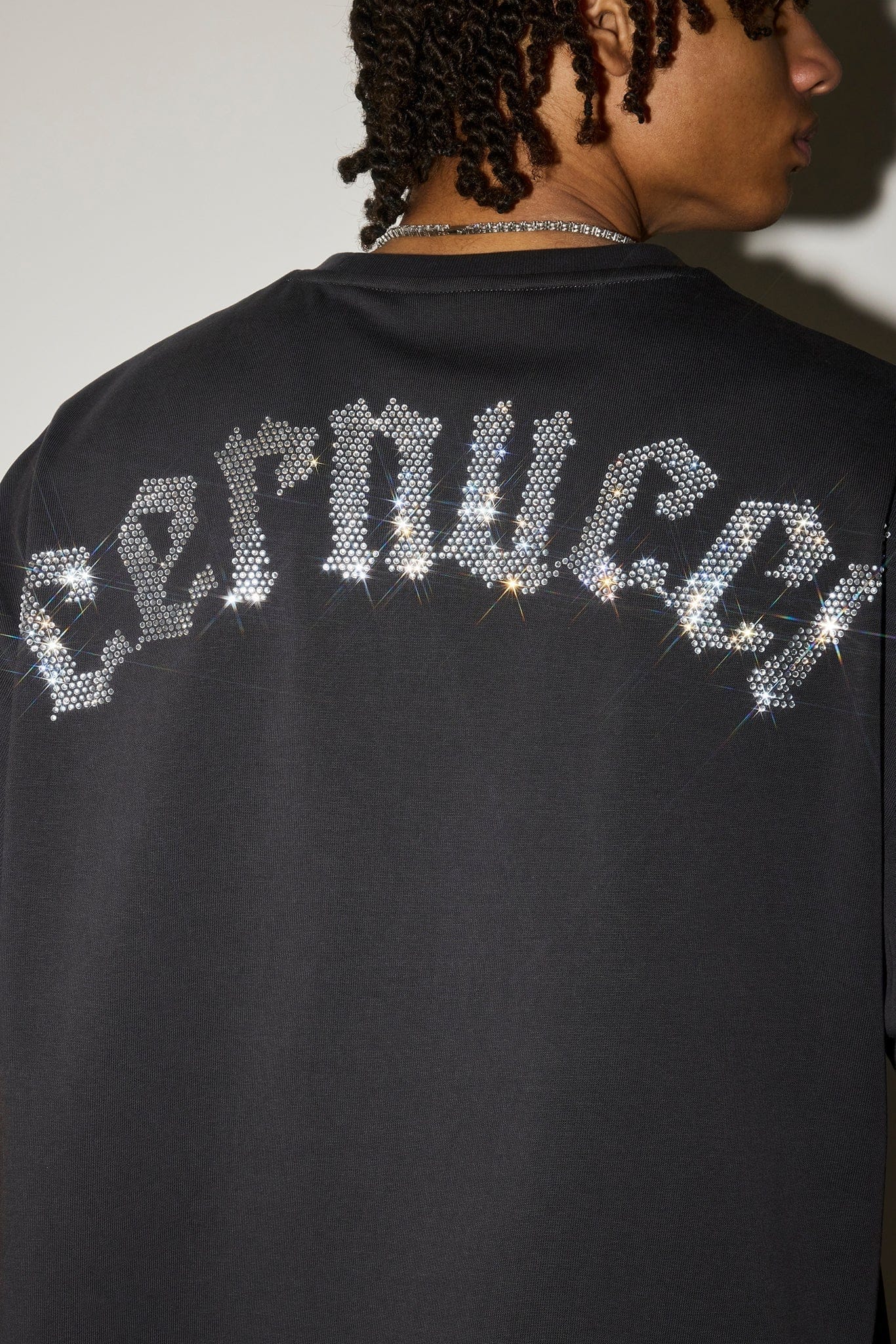 Cernucci Boxy Rhinestone Logo T - Shirt - Charcoal
