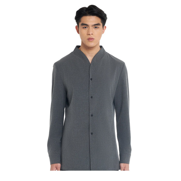 JAN SOBER DARK GREY COLLARLESS LONG - SLEEVE SHIRT WITH VISIBLE BUTTONS – SLIM FIT