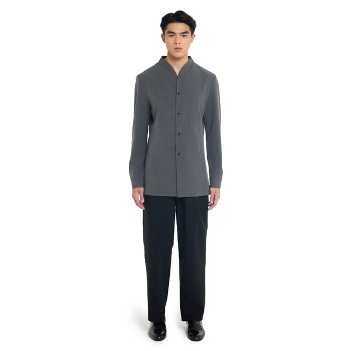 JAN SOBER DARK GREY COLLARLESS LONG - SLEEVE SHIRT WITH VISIBLE BUTTONS – SLIM FIT