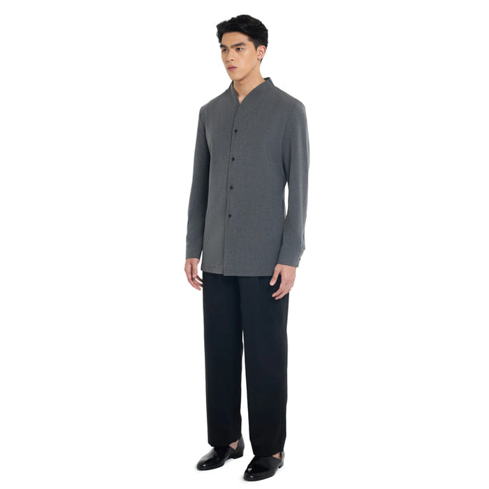 JAN SOBER DARK GREY COLLARLESS LONG - SLEEVE SHIRT WITH VISIBLE BUTTONS – SLIM FIT