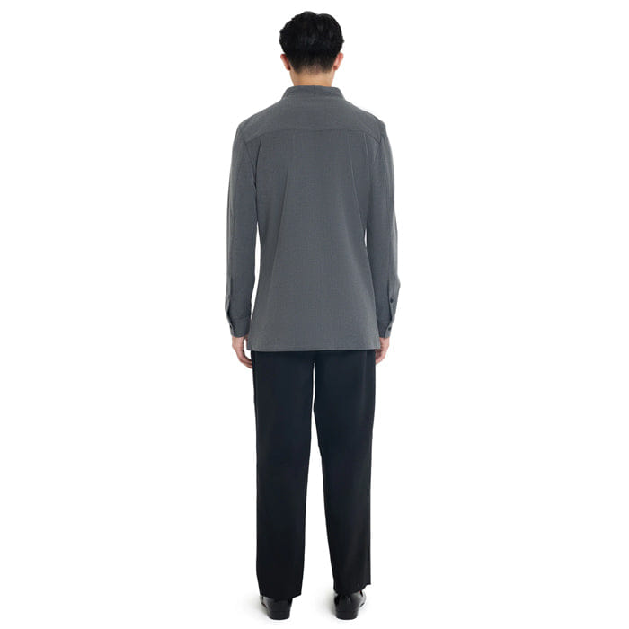 JAN SOBER DARK GREY COLLARLESS LONG - SLEEVE SHIRT WITH VISIBLE BUTTONS – SLIM FIT