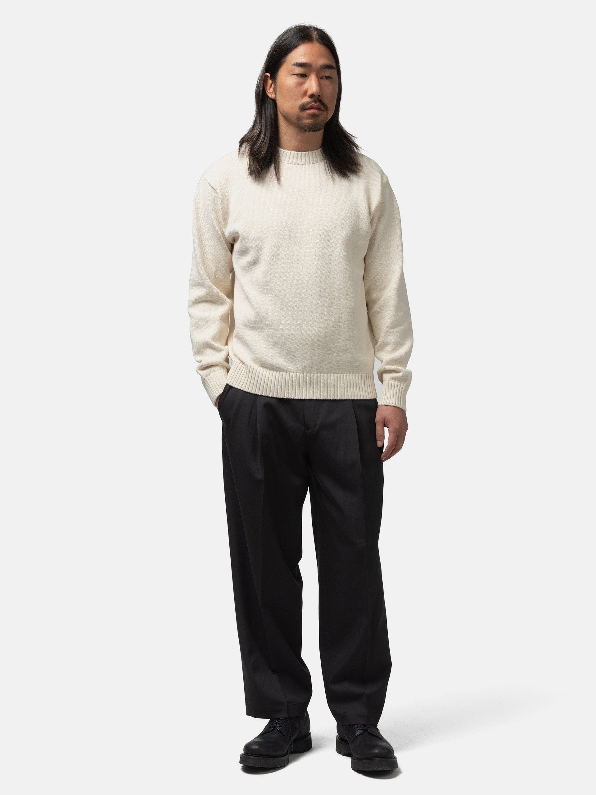 The A by BEAMS 5 Gauge Suvin Crew Neck Off White