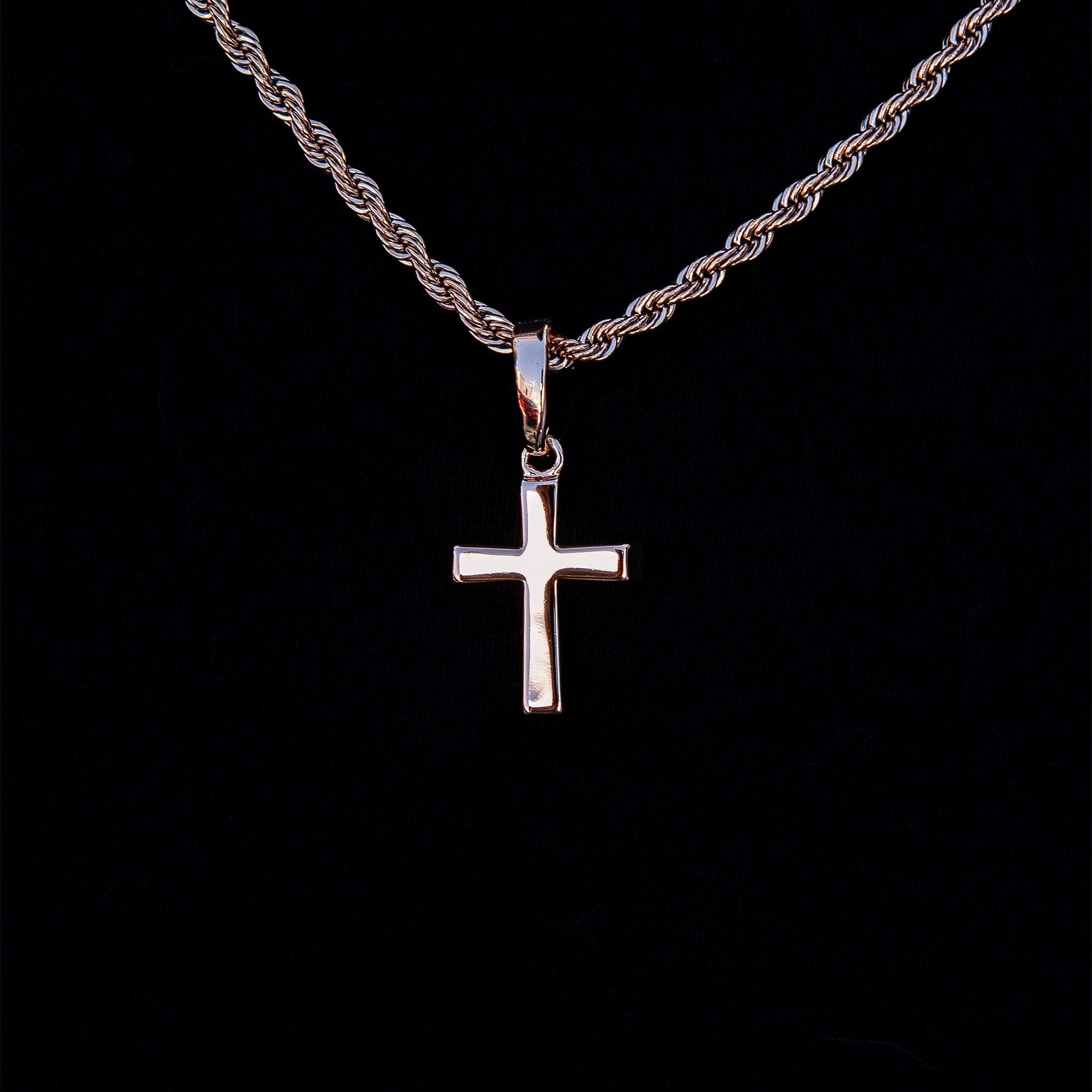 GLD Women Micro Simple Cross Pendant + 2 mm Rope Necklace Bundle in Rose Gold
