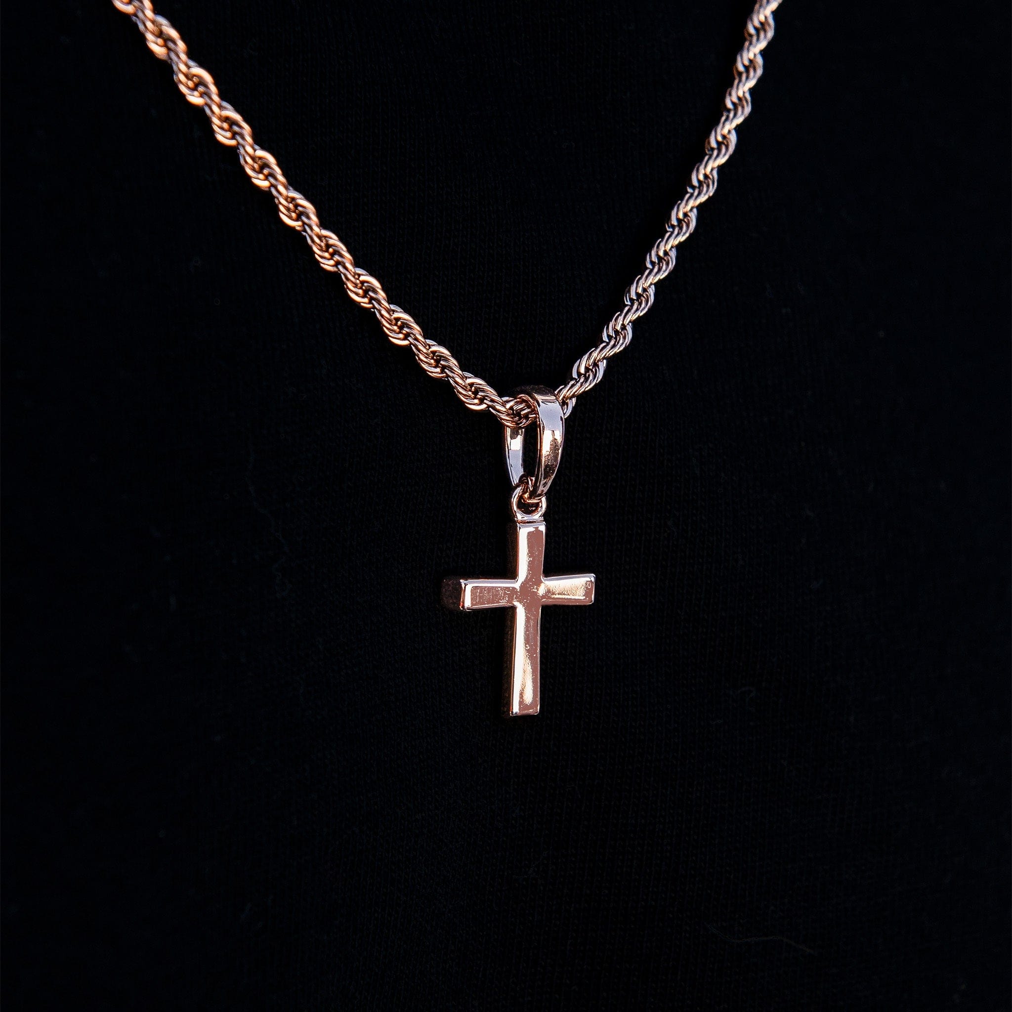 GLD Women Micro Simple Cross Pendant + 2 mm Rope Necklace Bundle in Rose Gold