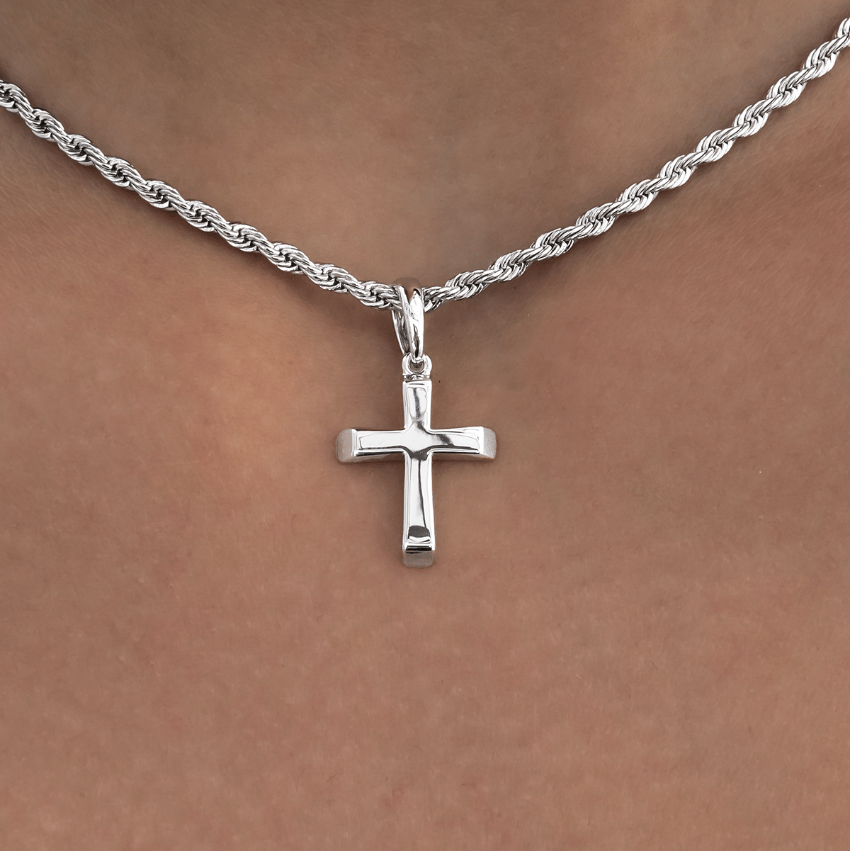 GLD Women Micro Simple Cross Pendant + 2 mm Rope Necklace Bundle in White Gold