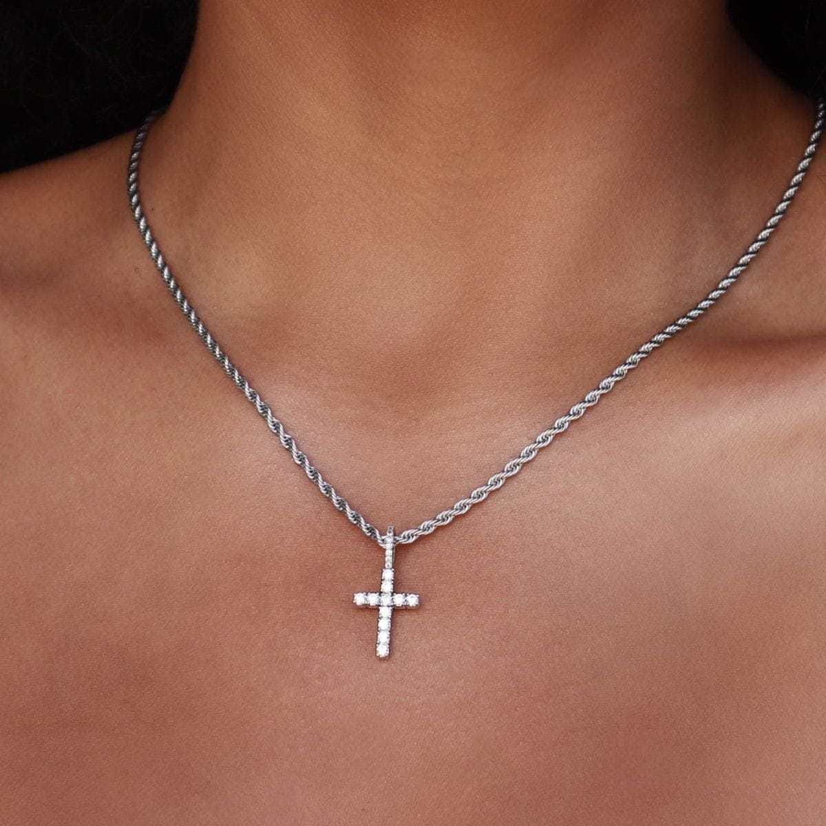 GLD Women 4 mm Rope Necklace + Micro Diamond Cross Bundle in White Gold