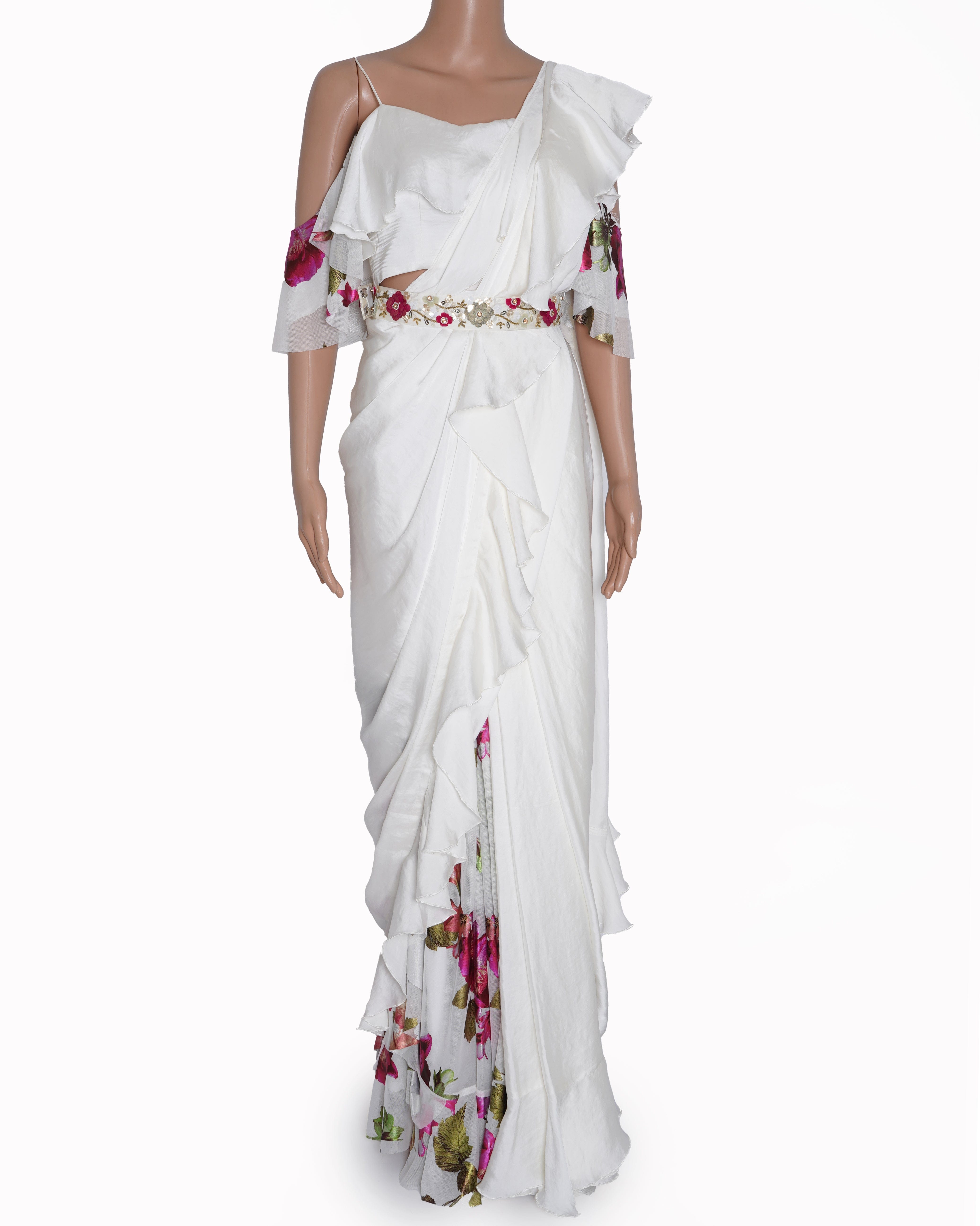 Gunu Sahani New Gunu Sahani White Printed Pre - Stitched Saree Set With Embroidered Belt