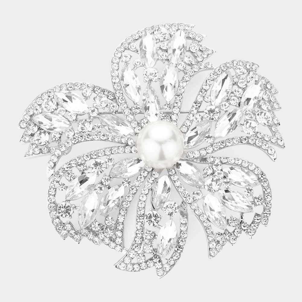 Flower Pearl Pointed Stone Embellished Oversized Flower Pin Brooch