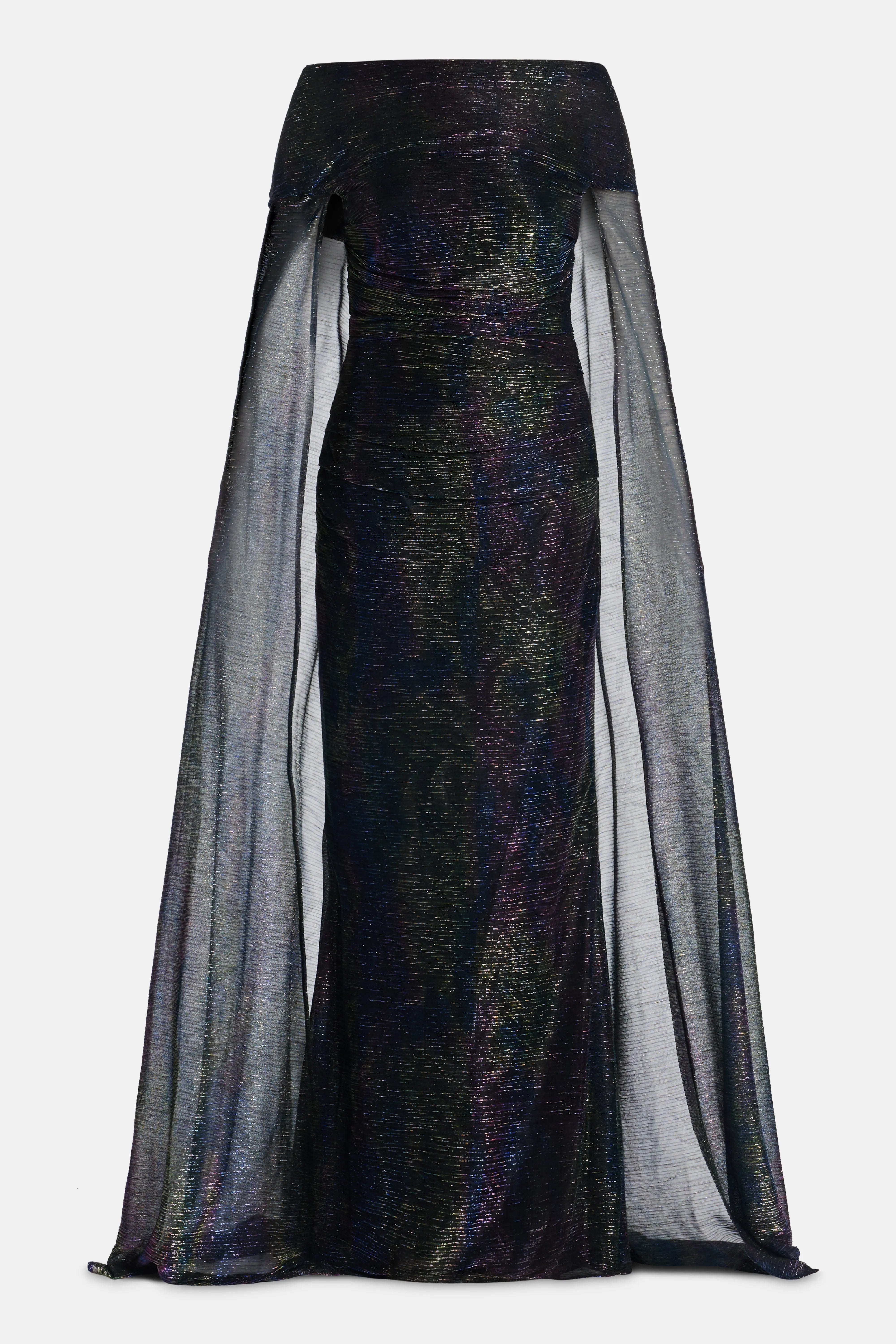 Talbot Runhof Mystery Metallic Voile Off Shoulder Shimmer Cape Evening Gown in Blue