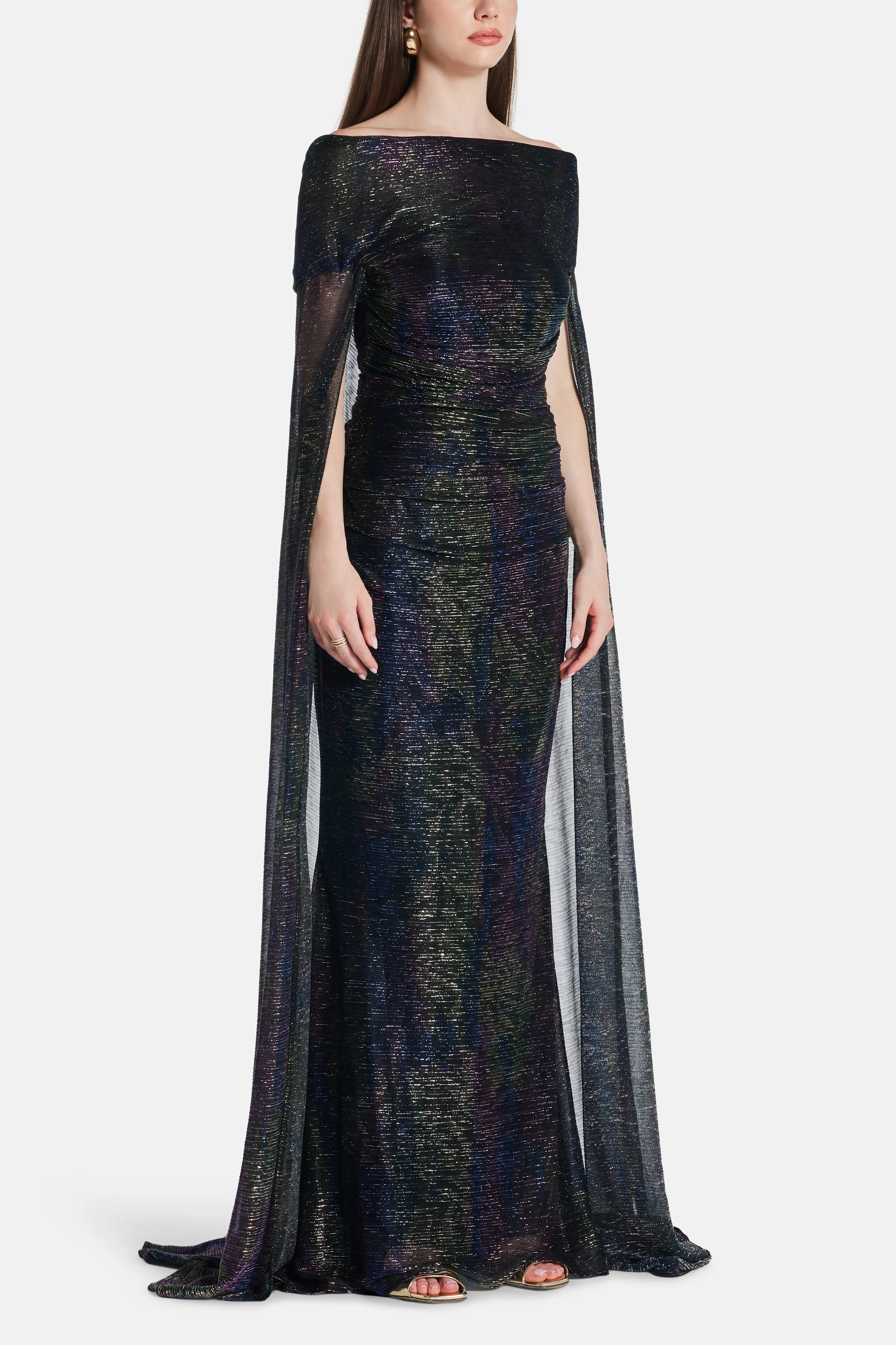 Talbot Runhof Mystery Metallic Voile Off Shoulder Shimmer Cape Evening Gown in Blue