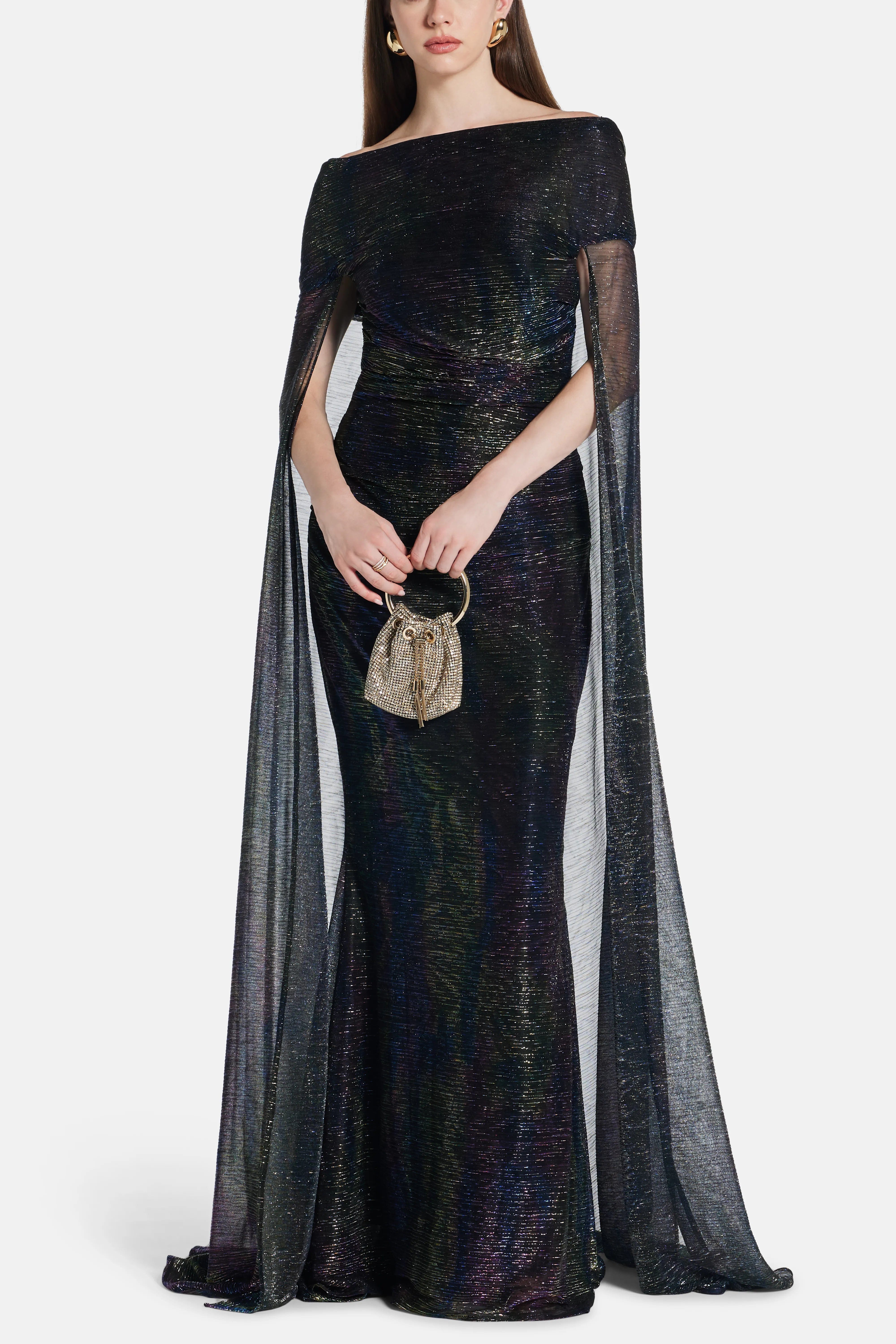 Talbot Runhof Mystery Metallic Voile Off Shoulder Shimmer Cape Evening Gown in Blue