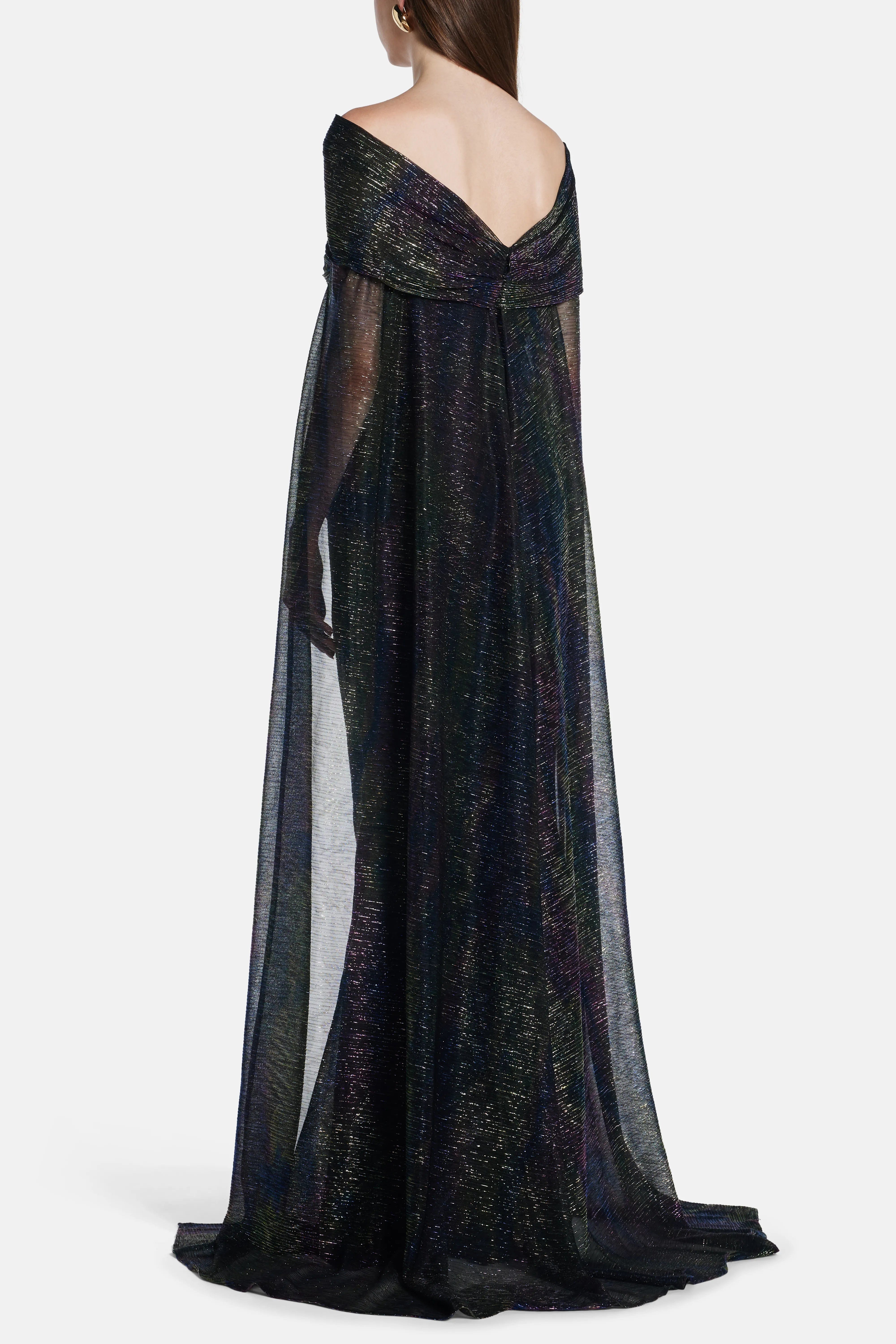 Talbot Runhof Mystery Metallic Voile Off Shoulder Shimmer Cape Evening Gown in Blue
