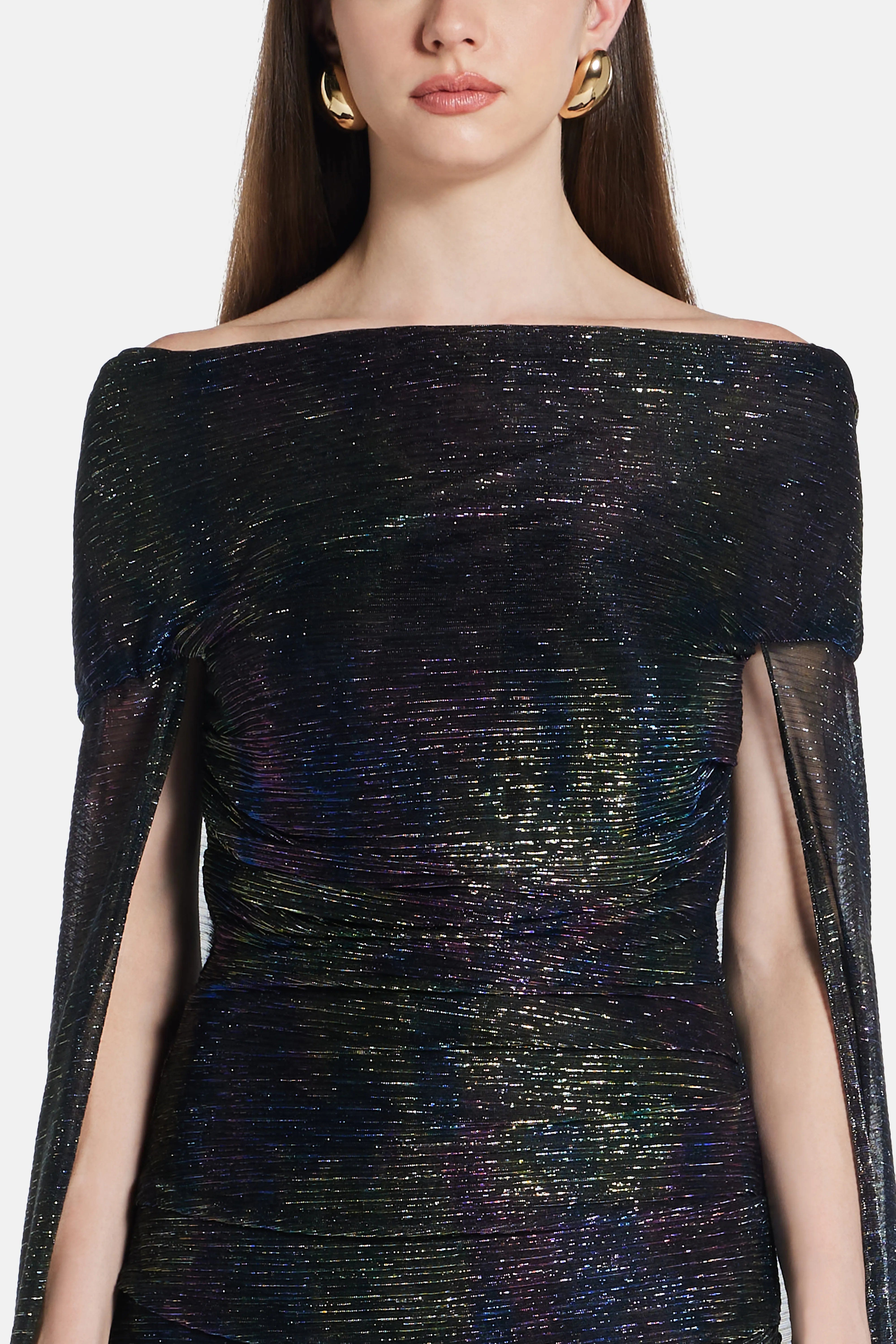 Talbot Runhof Mystery Metallic Voile Off Shoulder Shimmer Cape Evening Gown in Blue