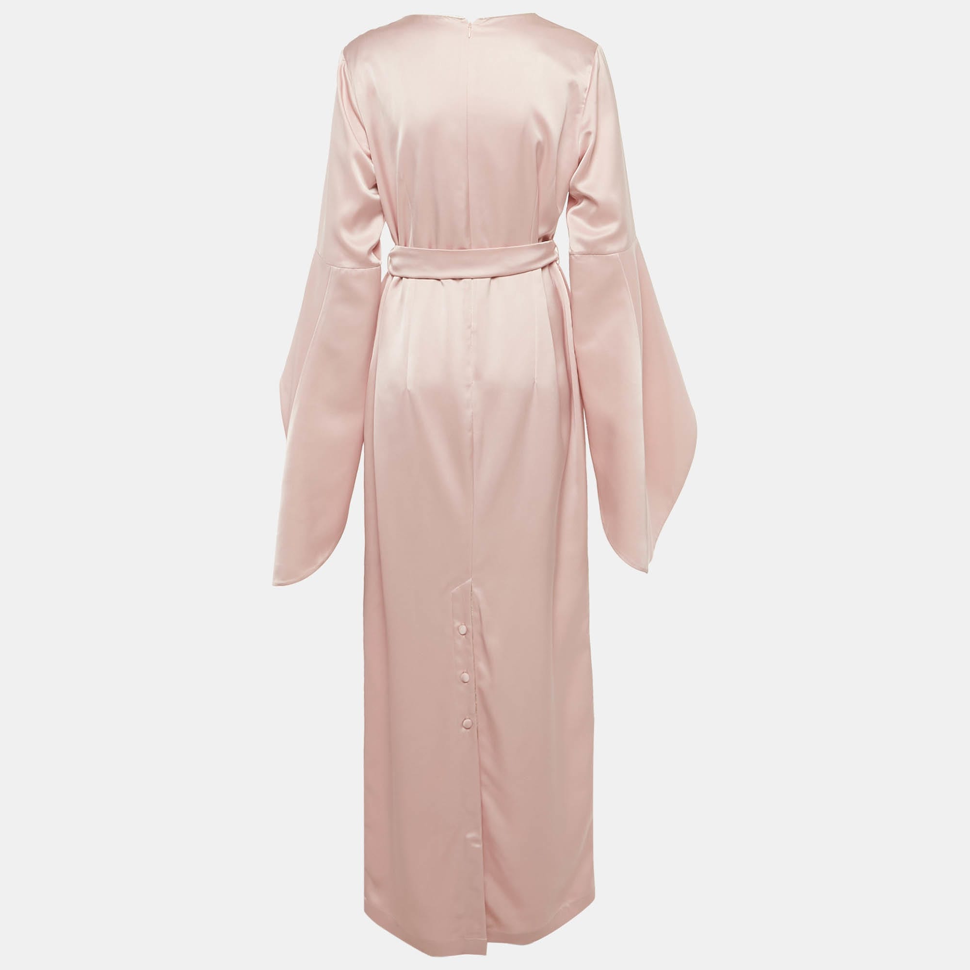 Baruni Pink Satin Sleeve Detail Belted Alchemilla Maxi Dress