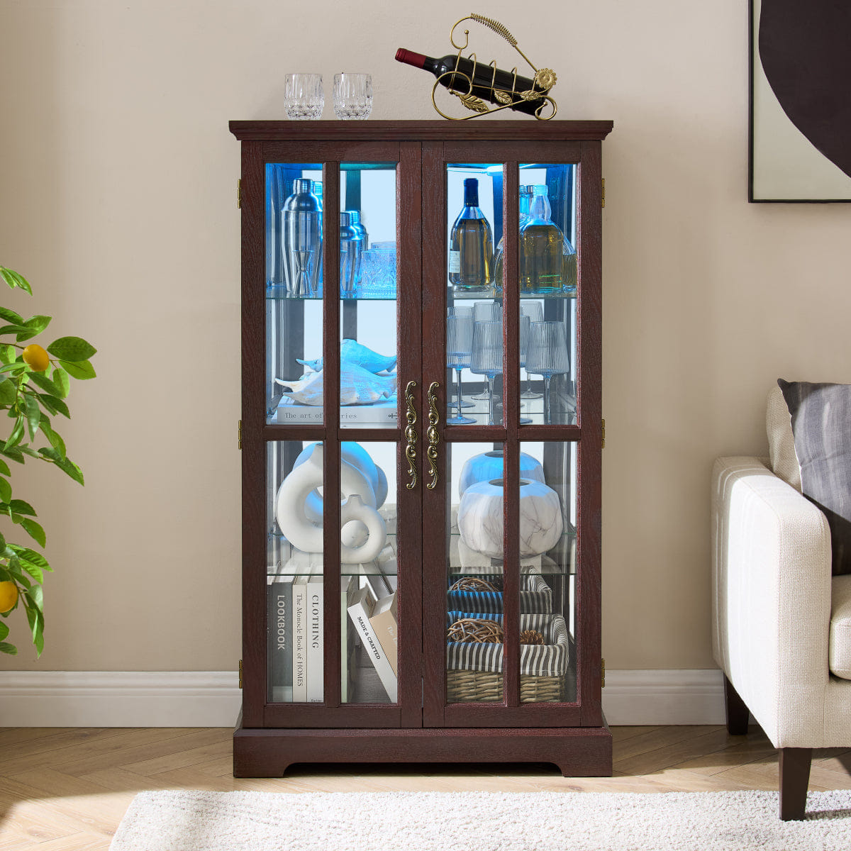 cherry Streamdale Dark Cherry Glass Tall Cabinet with RGB Lights & 3 Adjustable Shelves