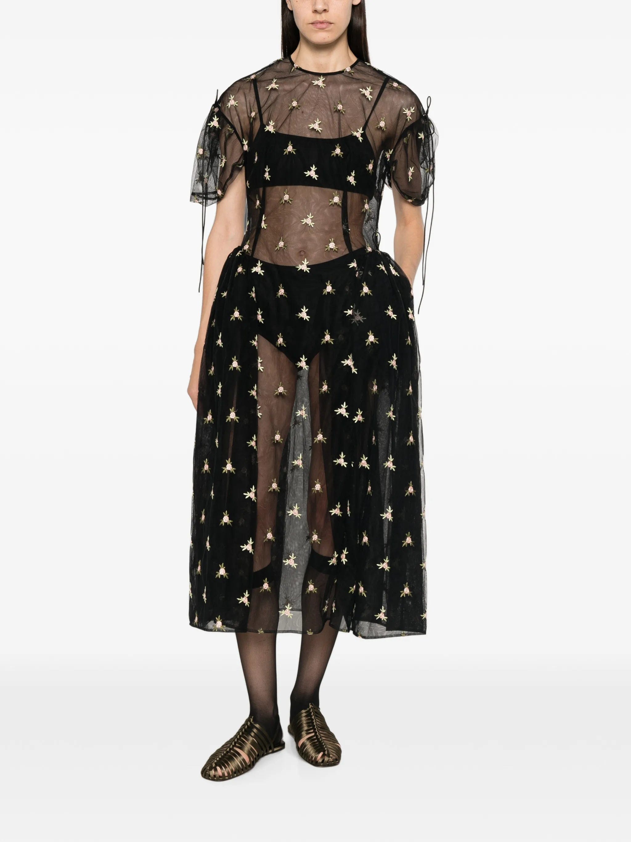 Simone Rocha floral - embroidered puff - sleeve dress