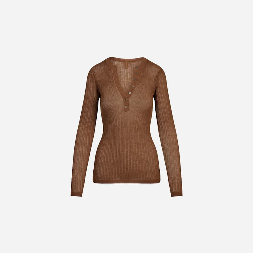 SHEER KNIT SKIMS Sheer Knit Long Sleeve Henley Bison