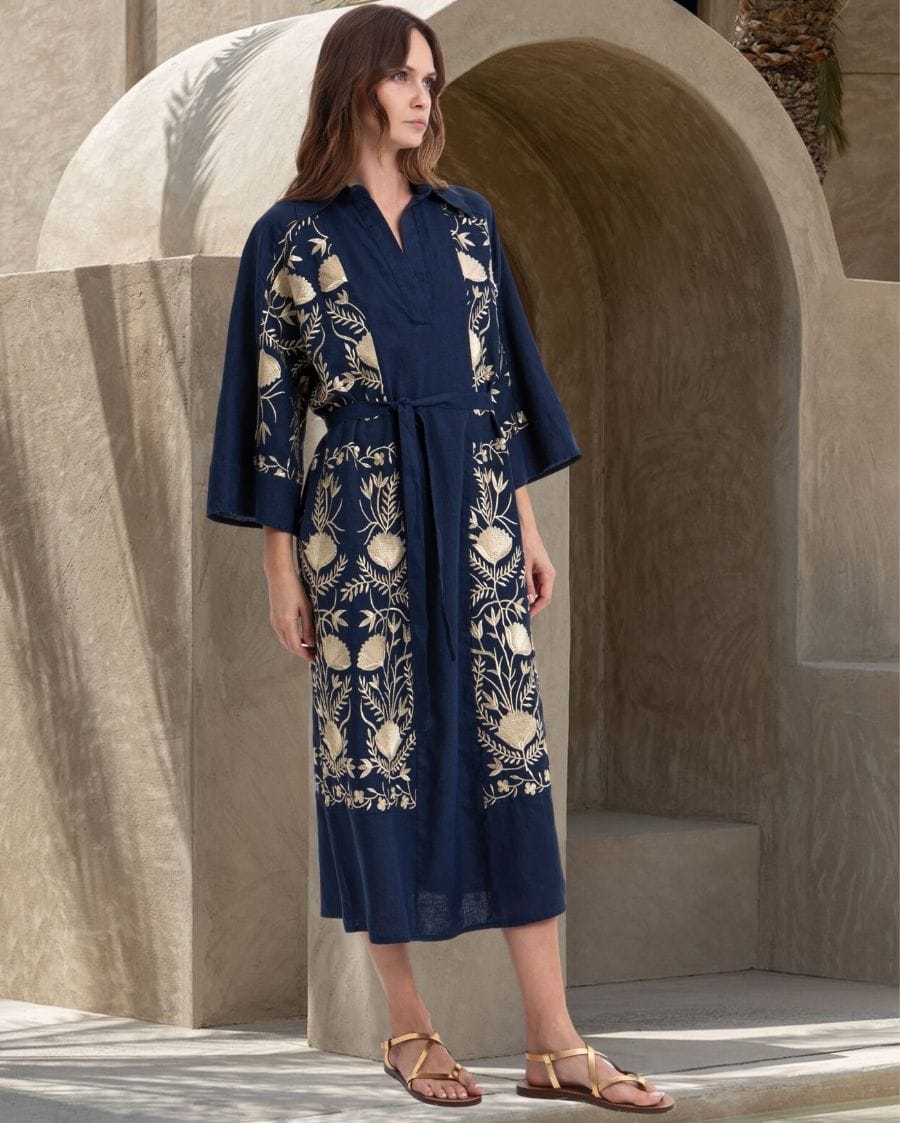 Greek Archaic Kori Blossom Long - Sleeved V - Neck Embroidered Maxi Dress - Blue Navy Gold