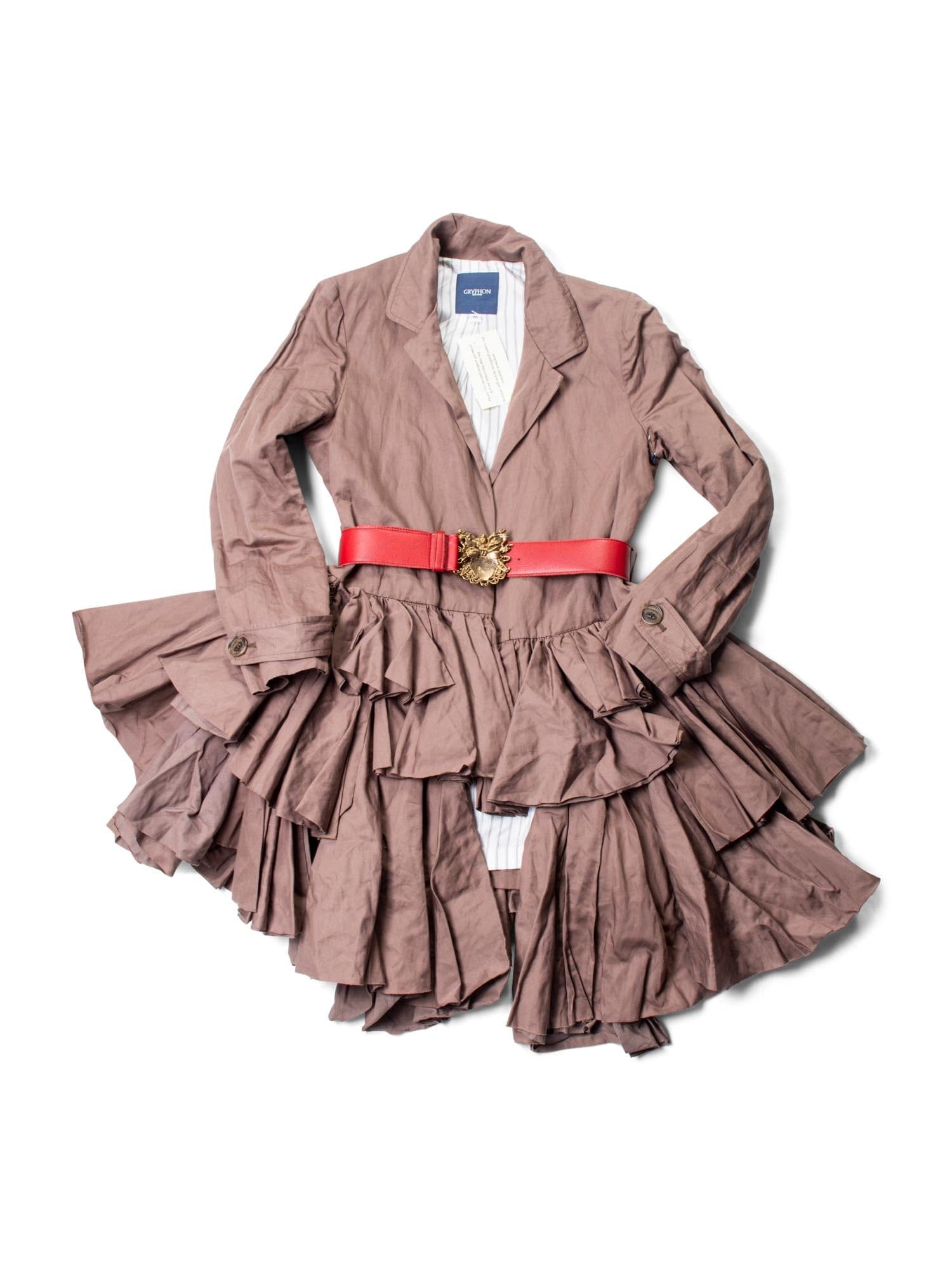 Gryphon Runway Belted Ruffle Rain Coat Brown Red