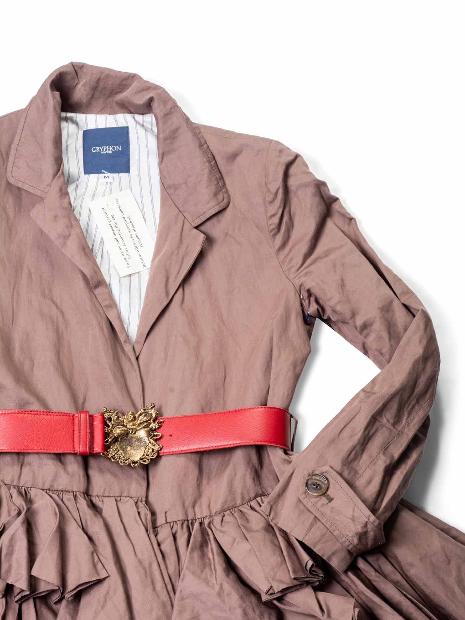 Gryphon Runway Belted Ruffle Rain Coat Brown Red