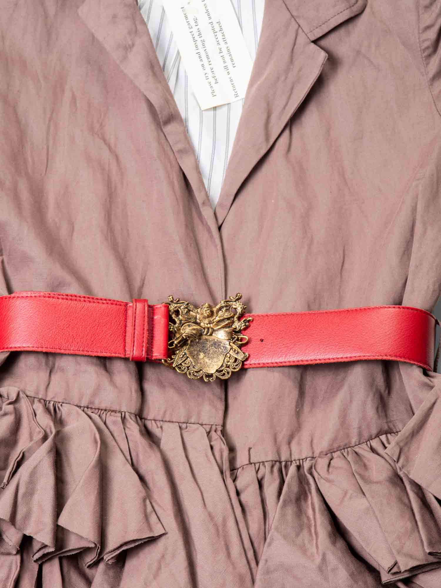 Gryphon Runway Belted Ruffle Rain Coat Brown Red