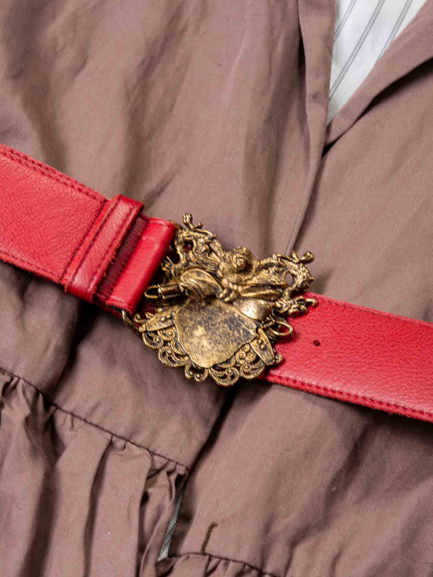 Gryphon Runway Belted Ruffle Rain Coat Brown Red