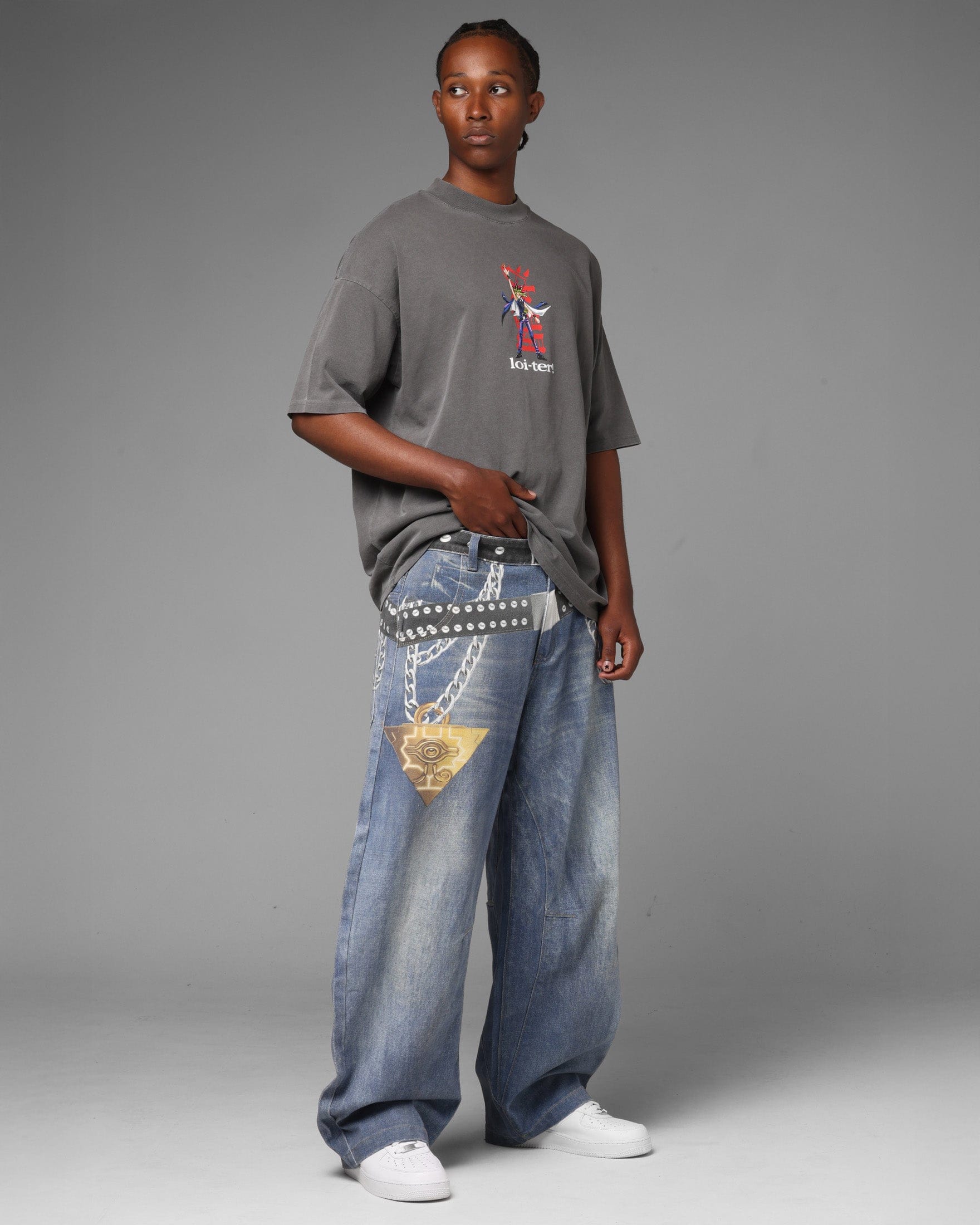 Loiter x Yu - Gi - Oh! Printed Yugi Denim Jeans Denim Blue