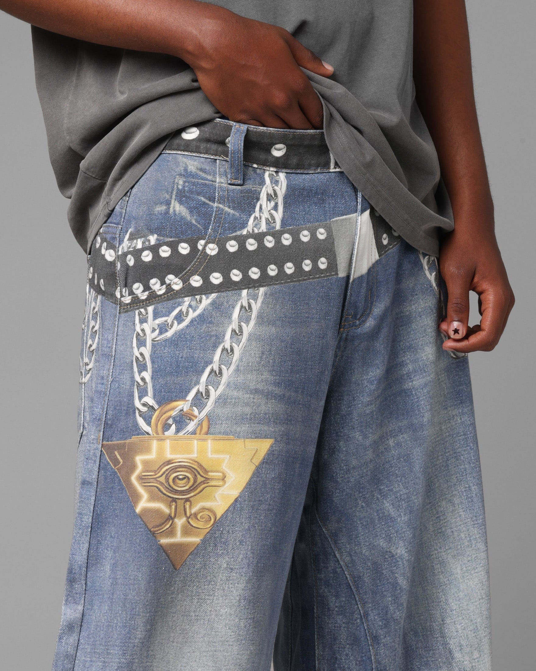 Loiter x Yu - Gi - Oh! Printed Yugi Denim Jeans Denim Blue