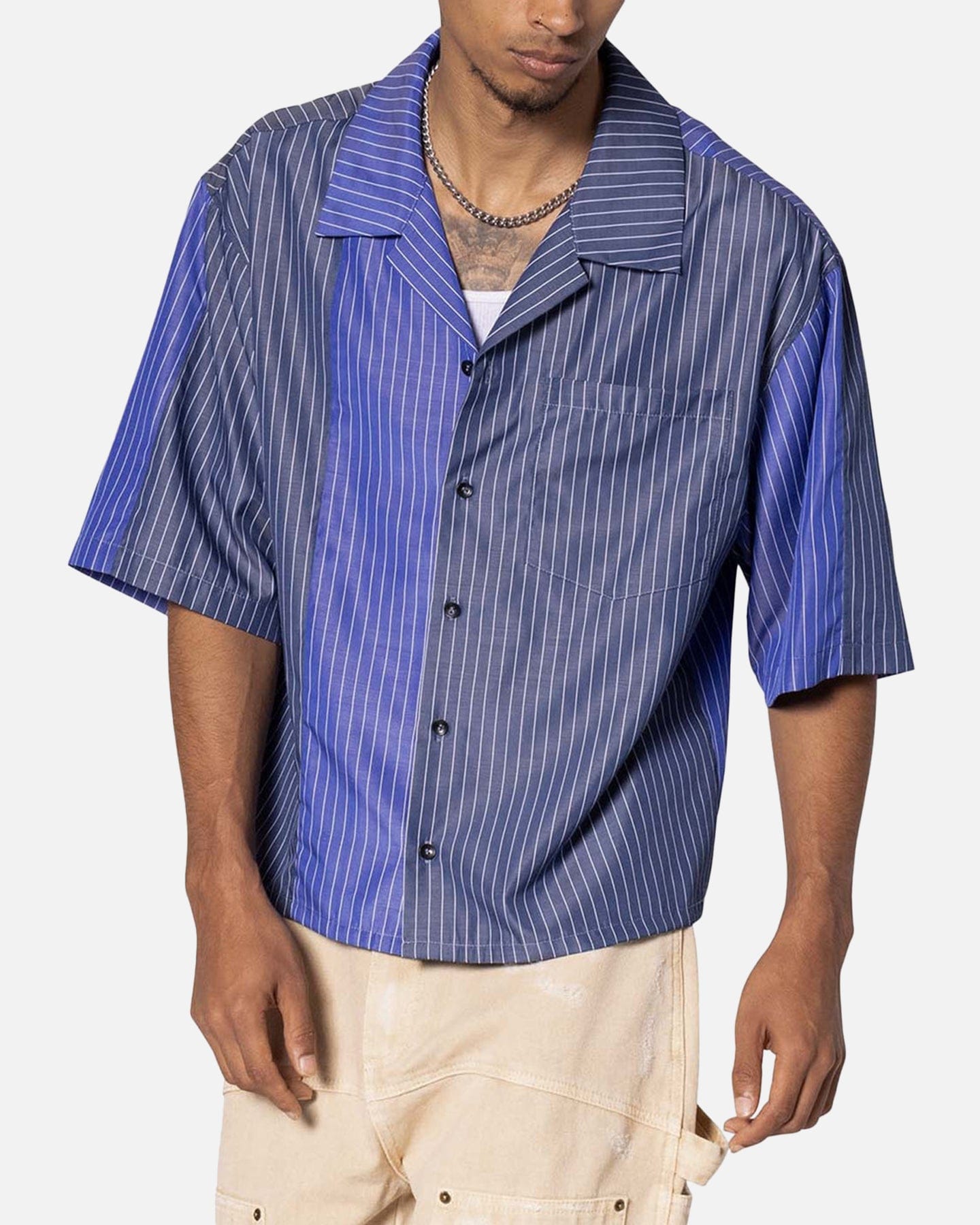 MNML Cropped Panel Stripe Shirt Blue
