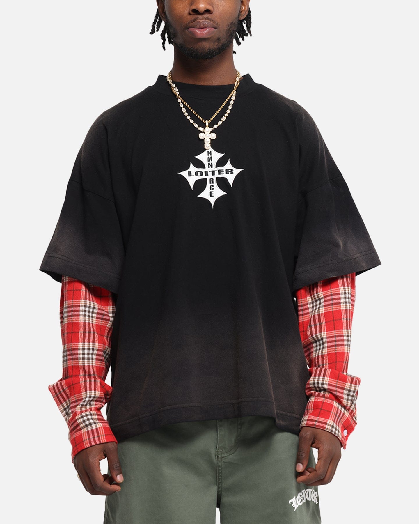Loiter Layered Flannel T - Shirt Black/Red