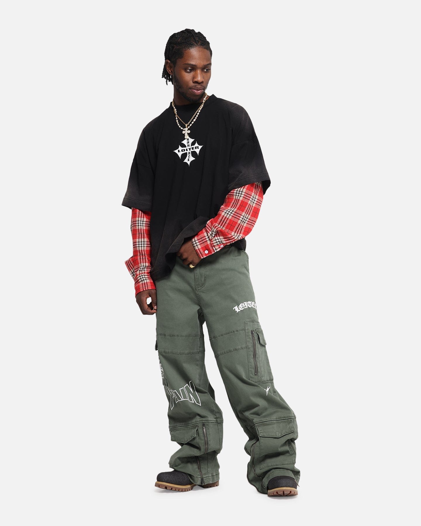 Loiter Layered Flannel T - Shirt Black/Red