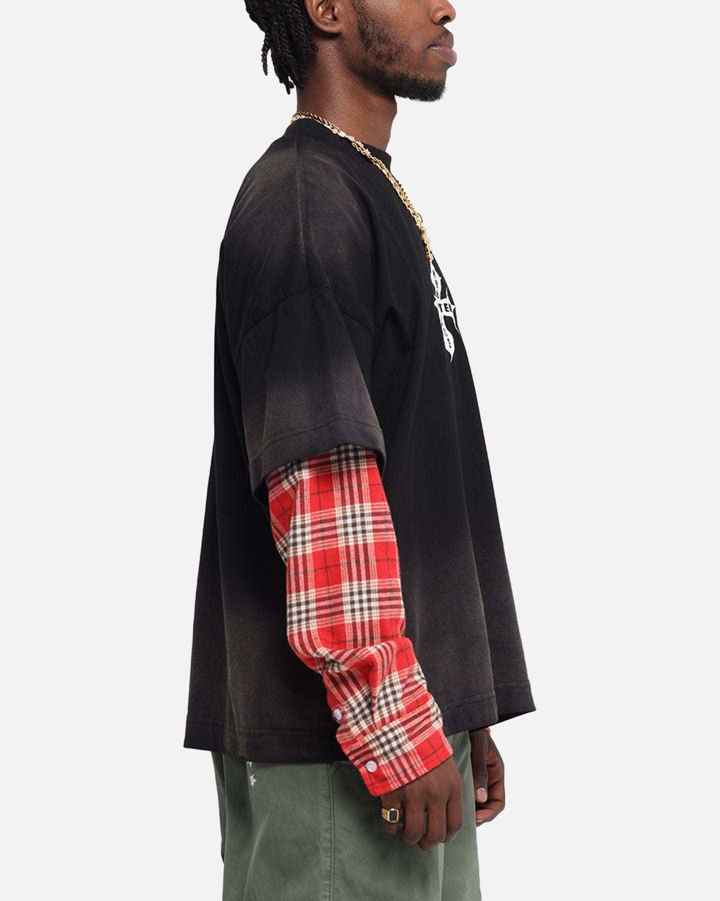 Loiter Layered Flannel T - Shirt Black/Red