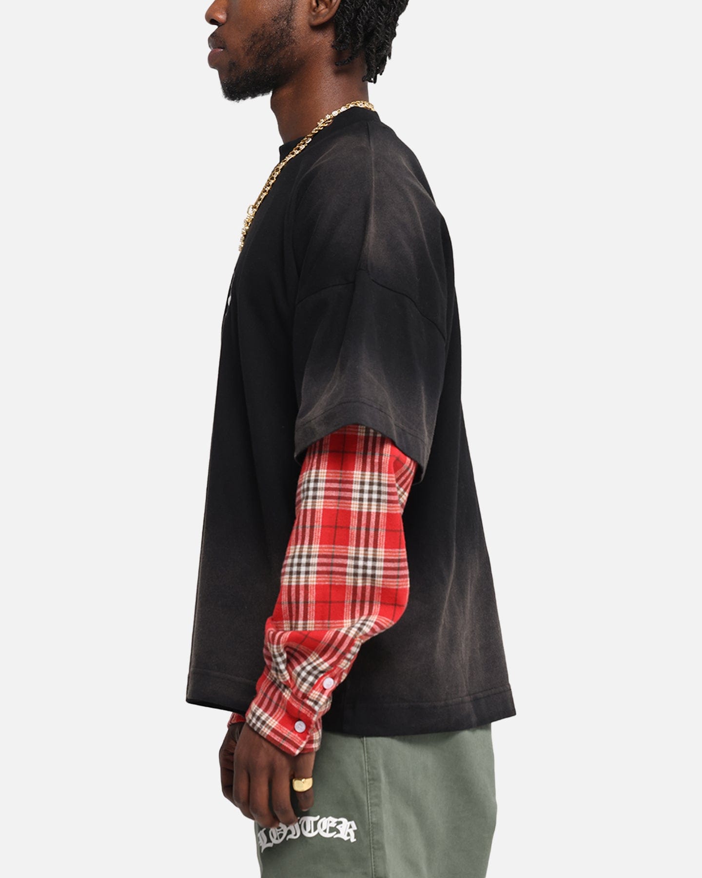 Loiter Layered Flannel T - Shirt Black/Red