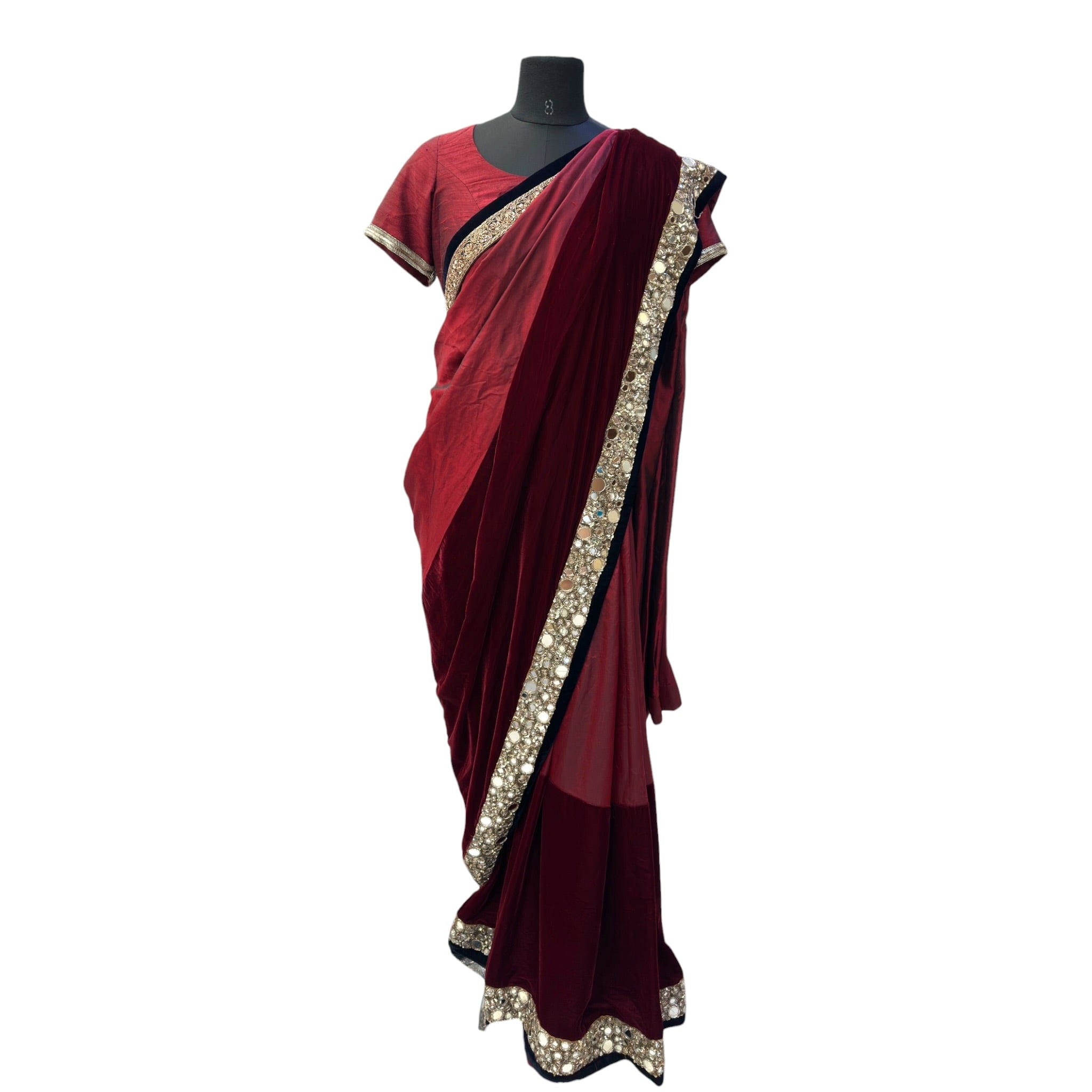 Manish Malhotra Maroon Velvet Saree Set Mirror Embroidery Size M - L