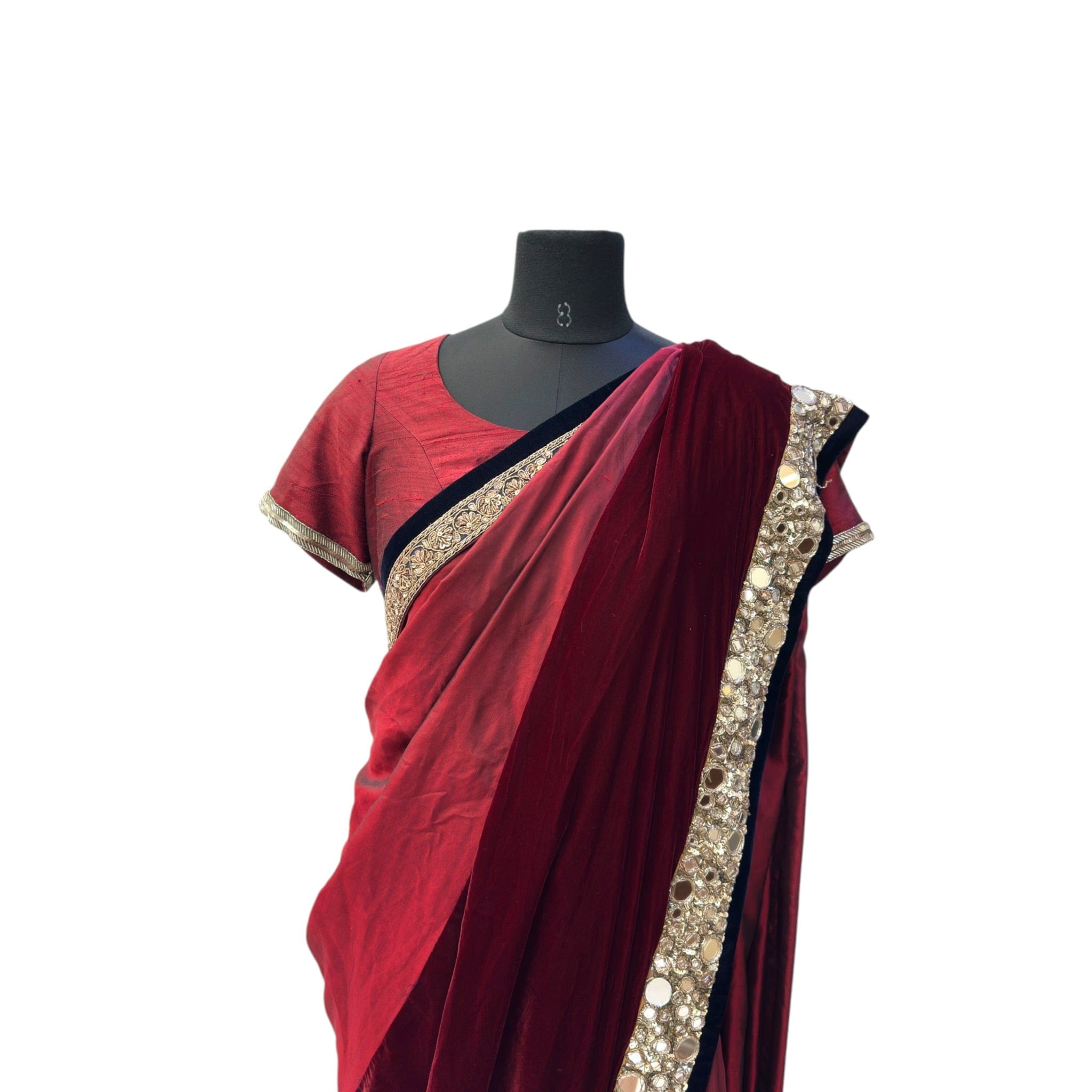 Manish Malhotra Maroon Velvet Saree Set Mirror Embroidery Size M - L