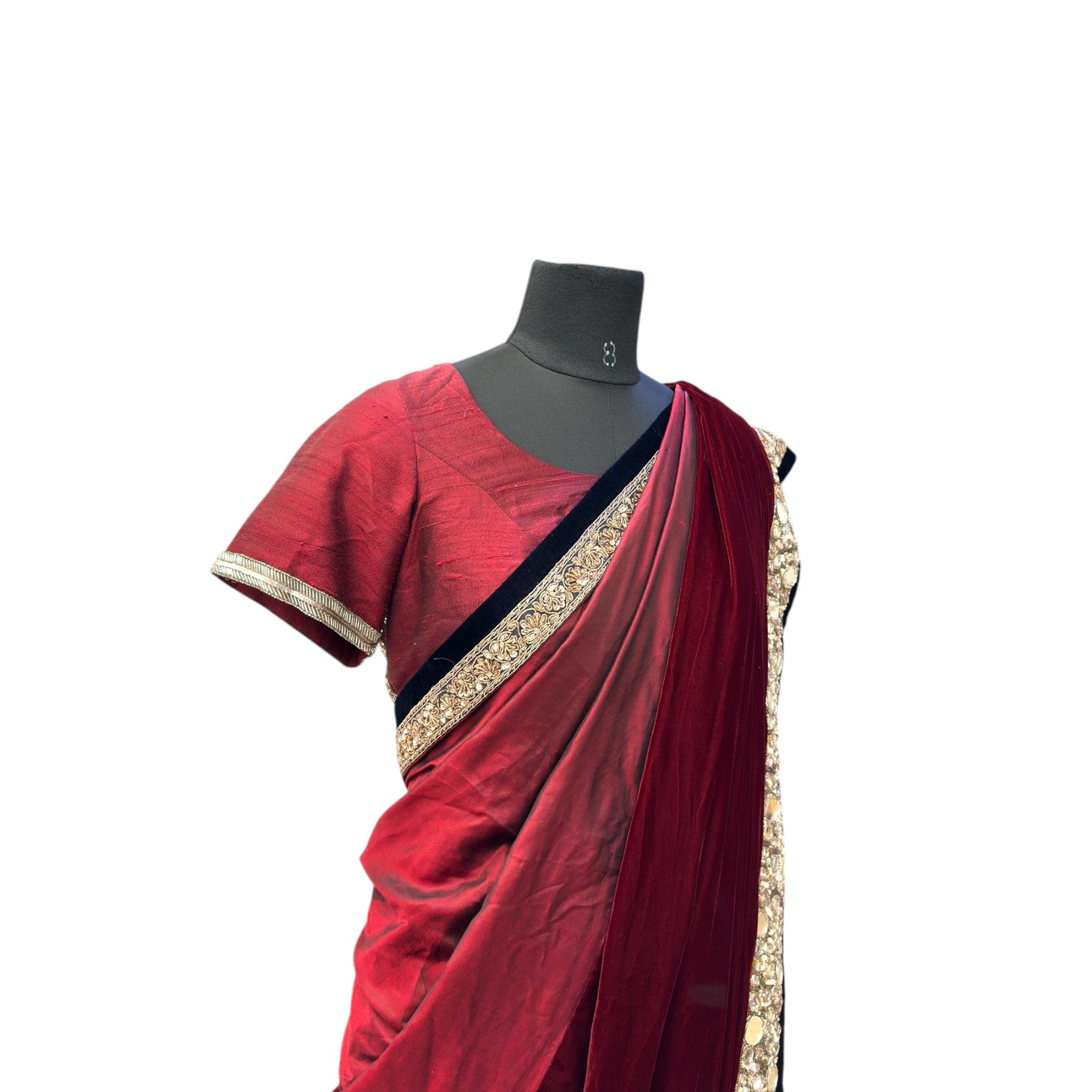 Manish Malhotra Maroon Velvet Saree Set Mirror Embroidery Size M - L