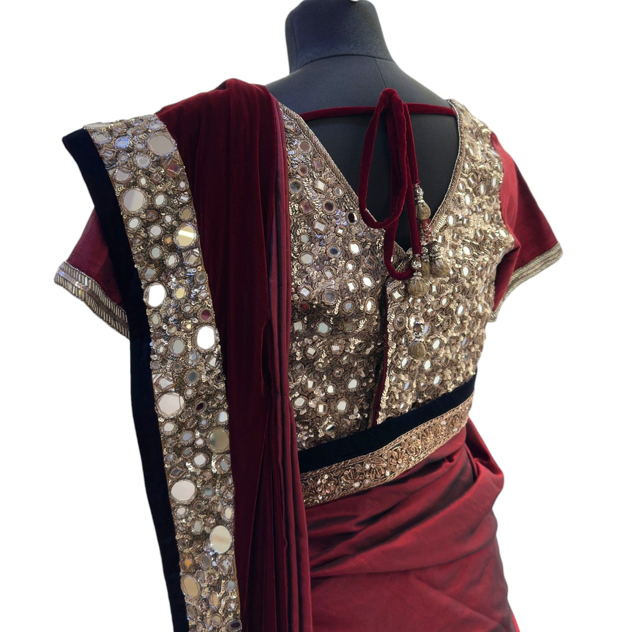 Manish Malhotra Maroon Velvet Saree Set Mirror Embroidery Size M - L