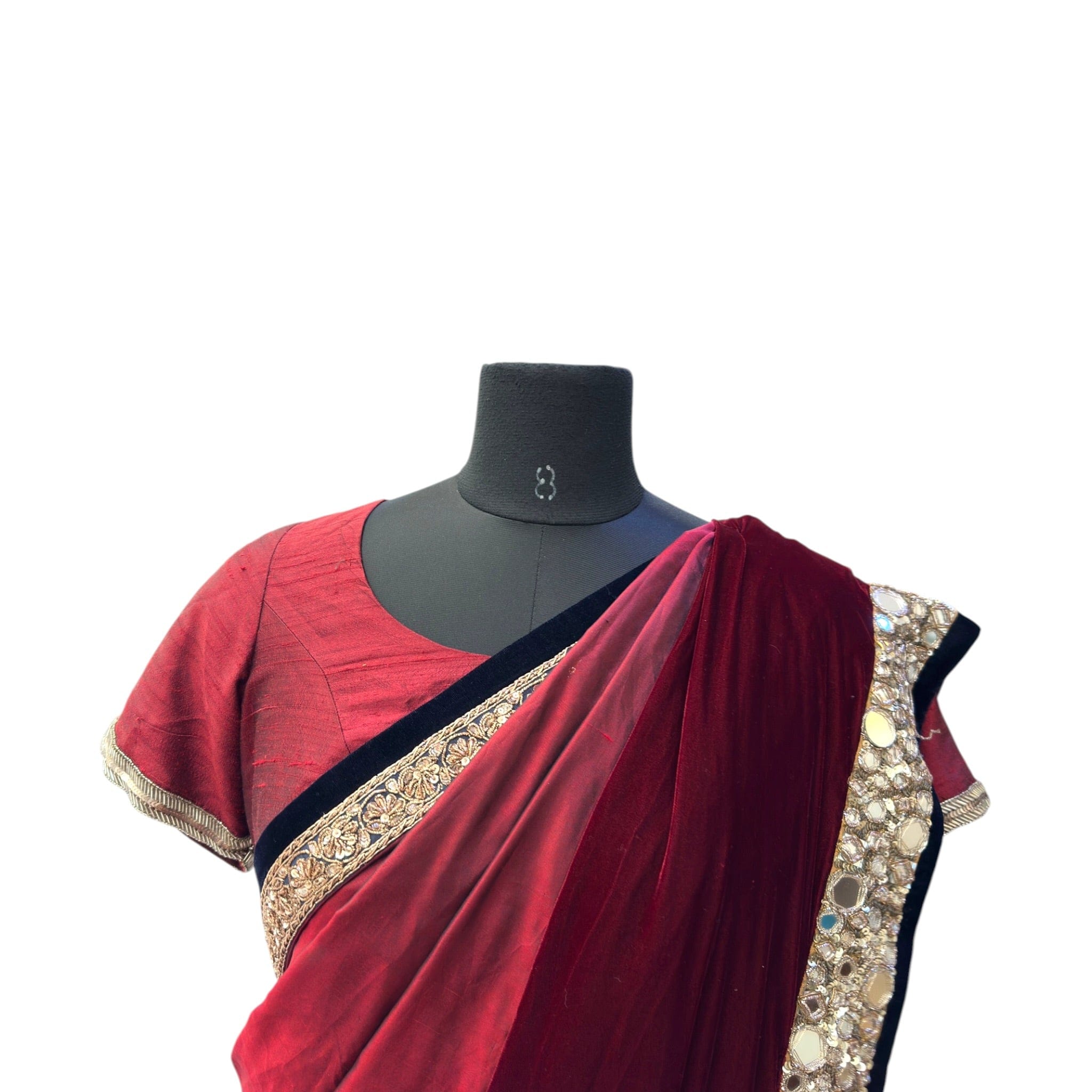 Manish Malhotra Maroon Velvet Saree Set Mirror Embroidery Size M - L