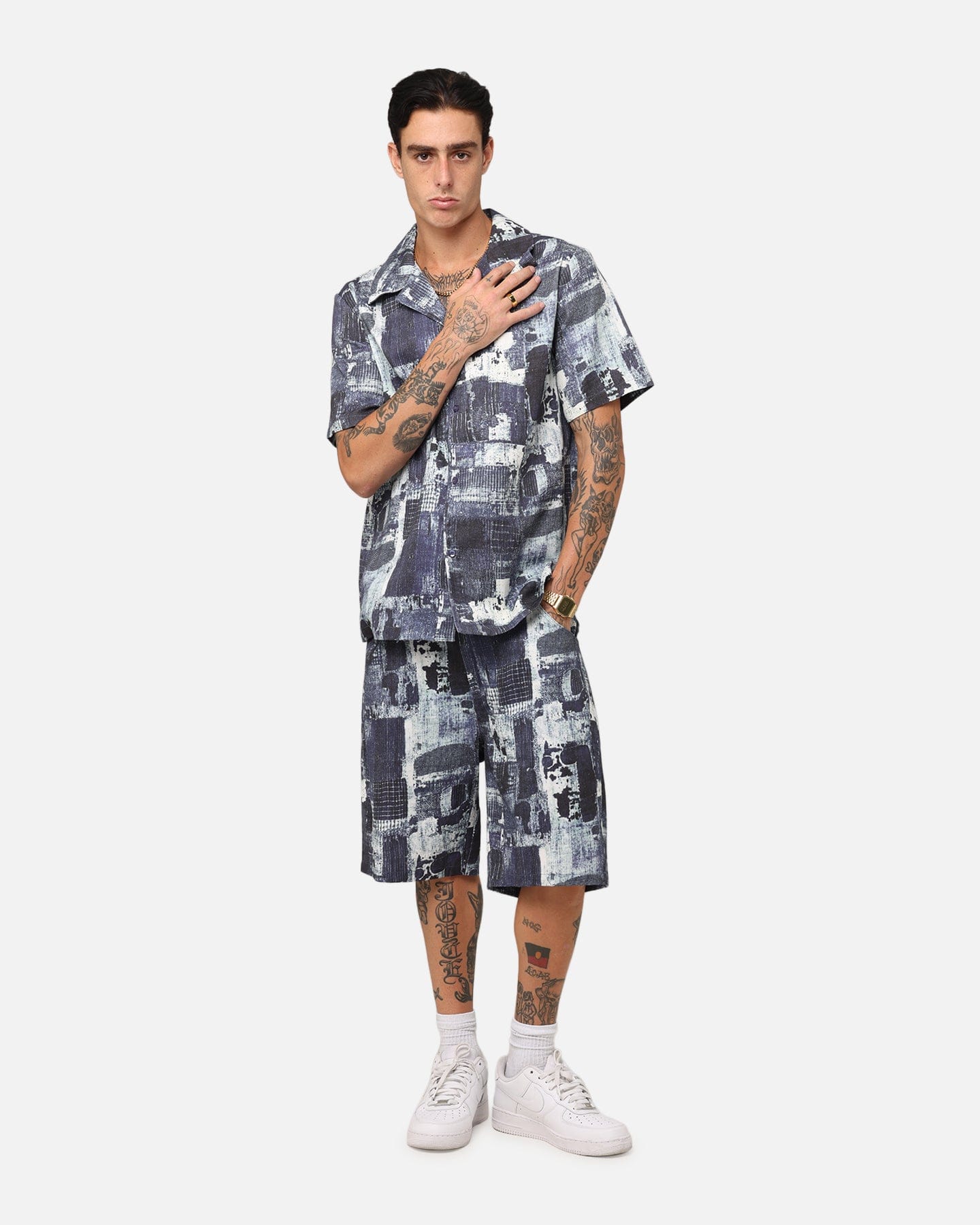 XXIII Printed Denim Patch Button Up Shirt Blue