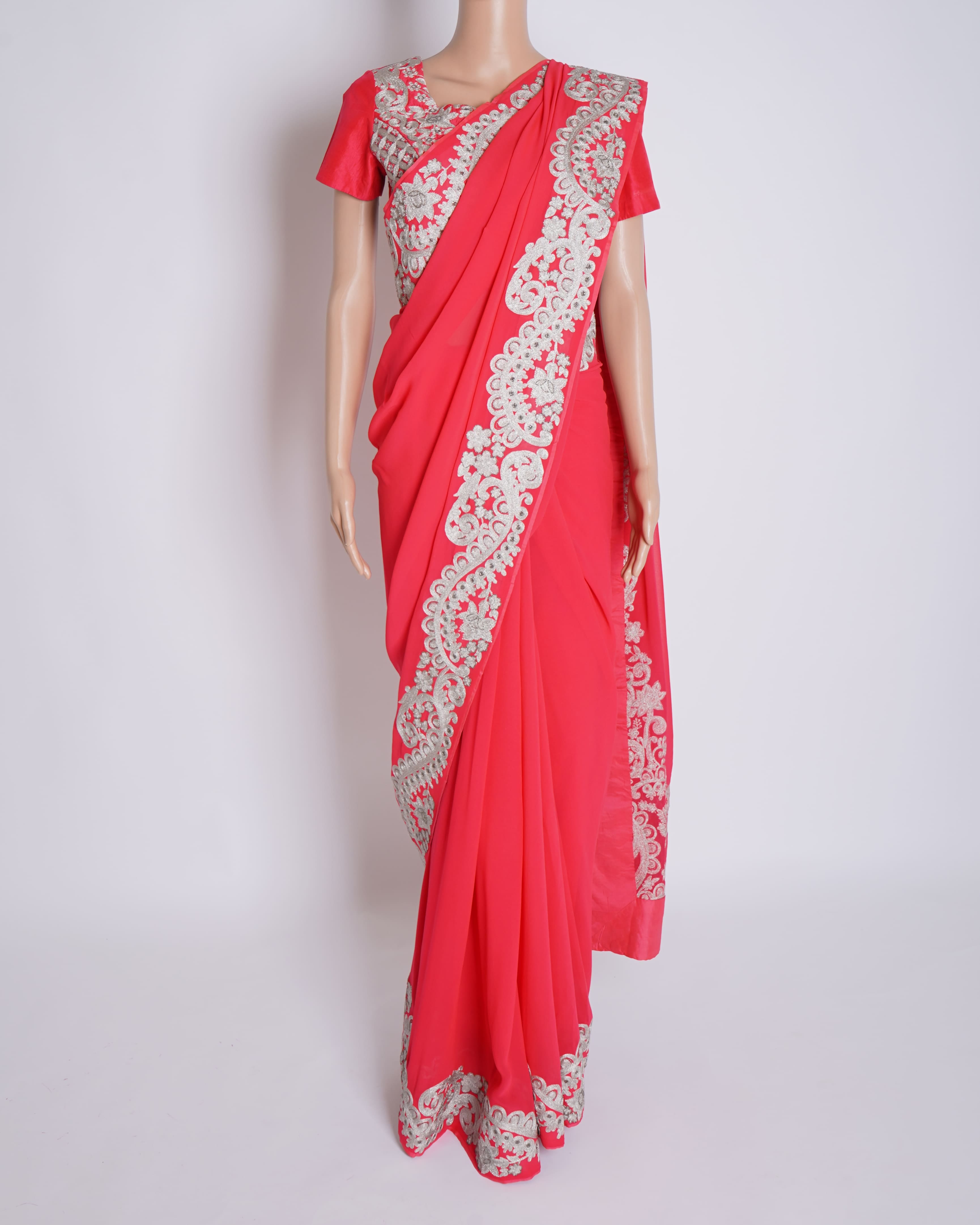 Pankaj & Nidhi Bordered Cherry Pink Saree With Pre - stitched 2 Blouses