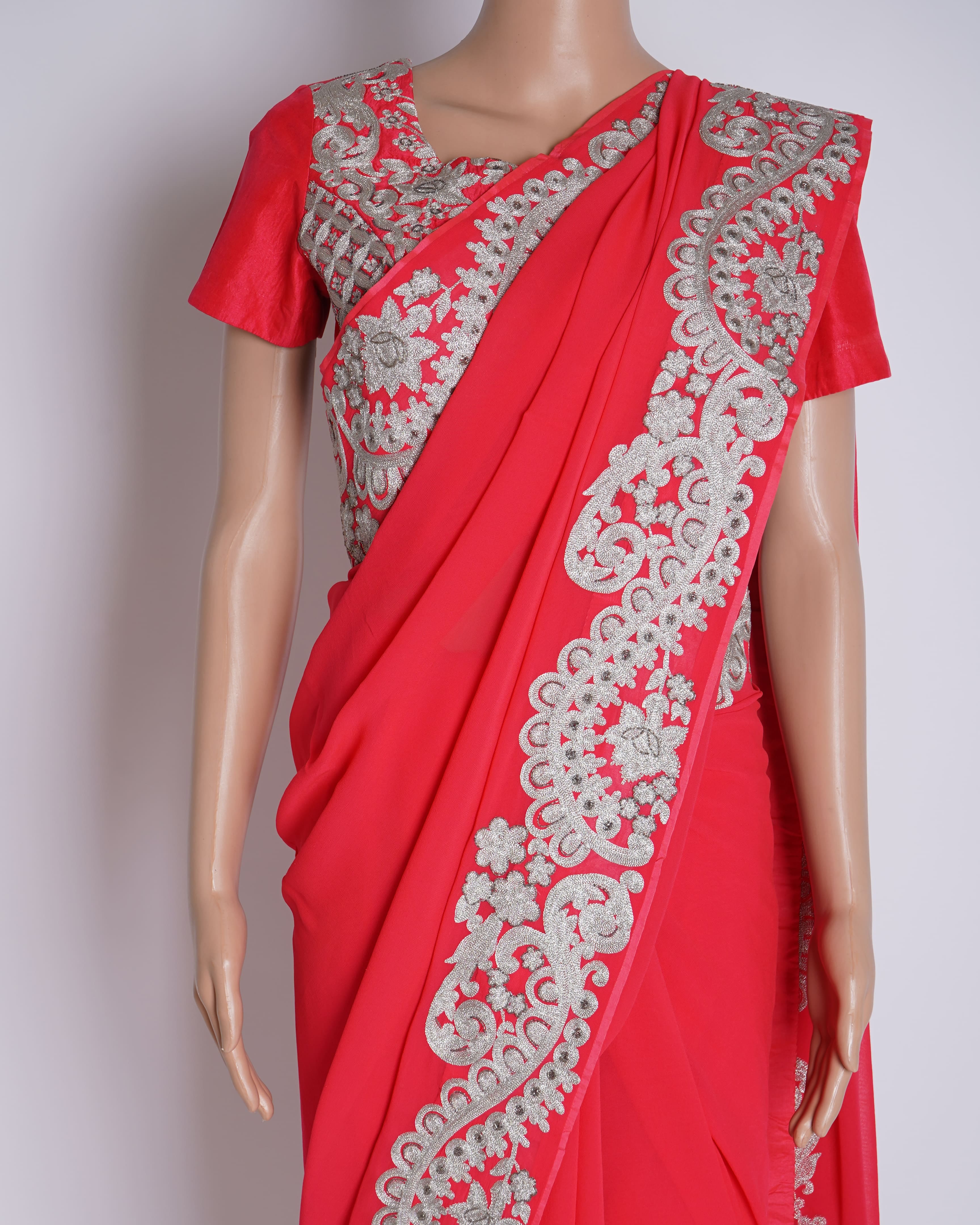 Pankaj & Nidhi Bordered Cherry Pink Saree With Pre - stitched 2 Blouses