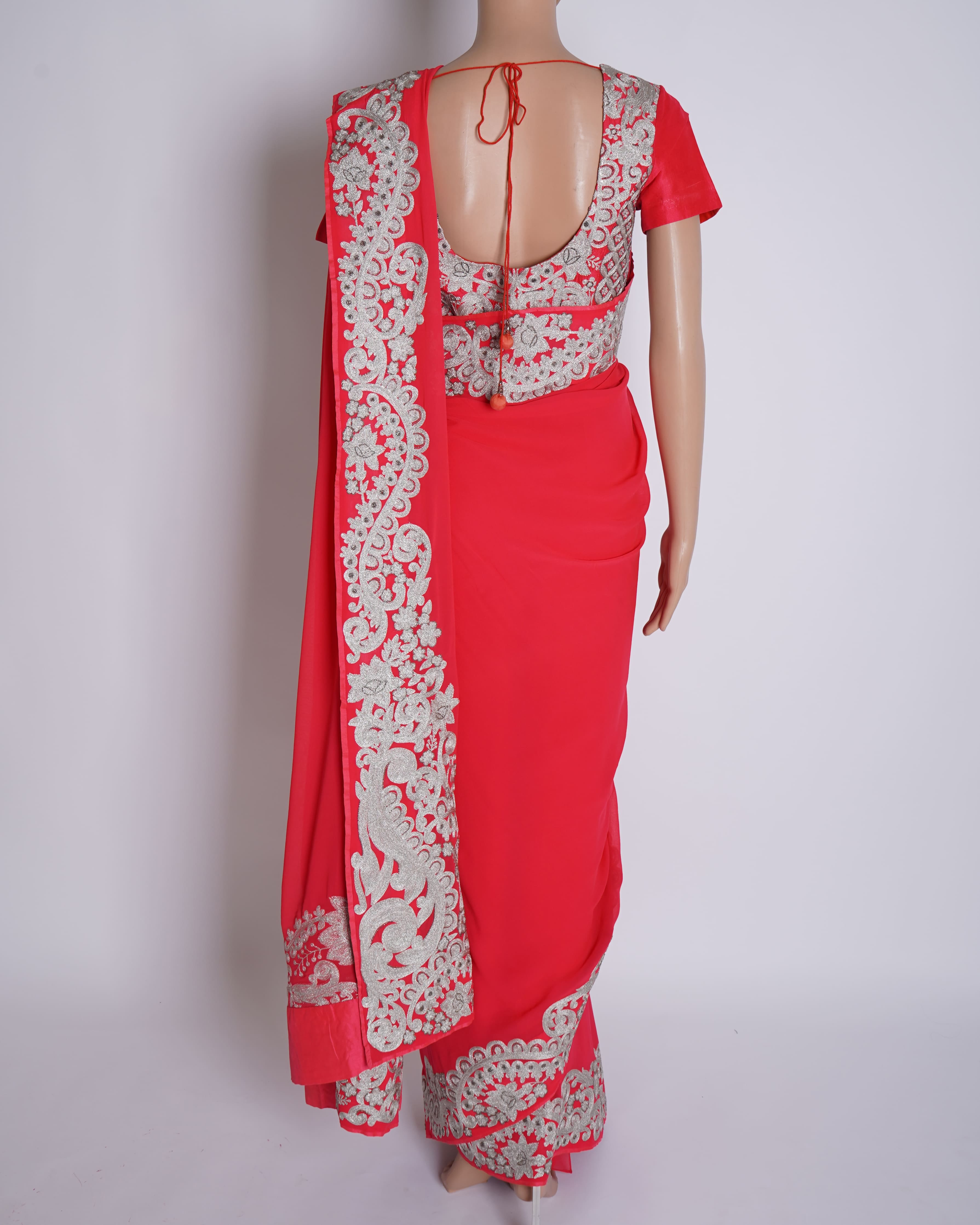 Pankaj & Nidhi Bordered Cherry Pink Saree With Pre - stitched 2 Blouses