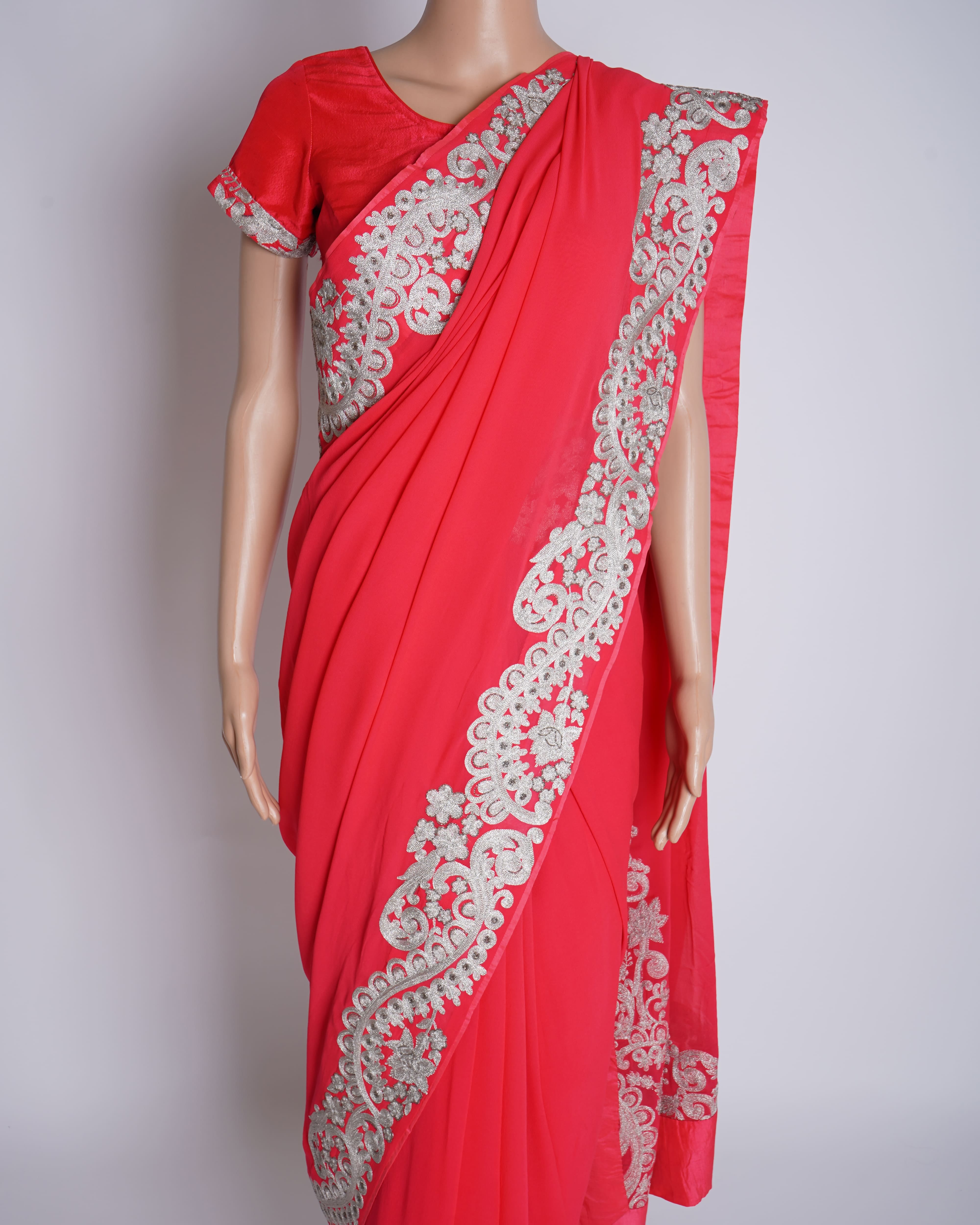 Pankaj & Nidhi Bordered Cherry Pink Saree With Pre - stitched 2 Blouses