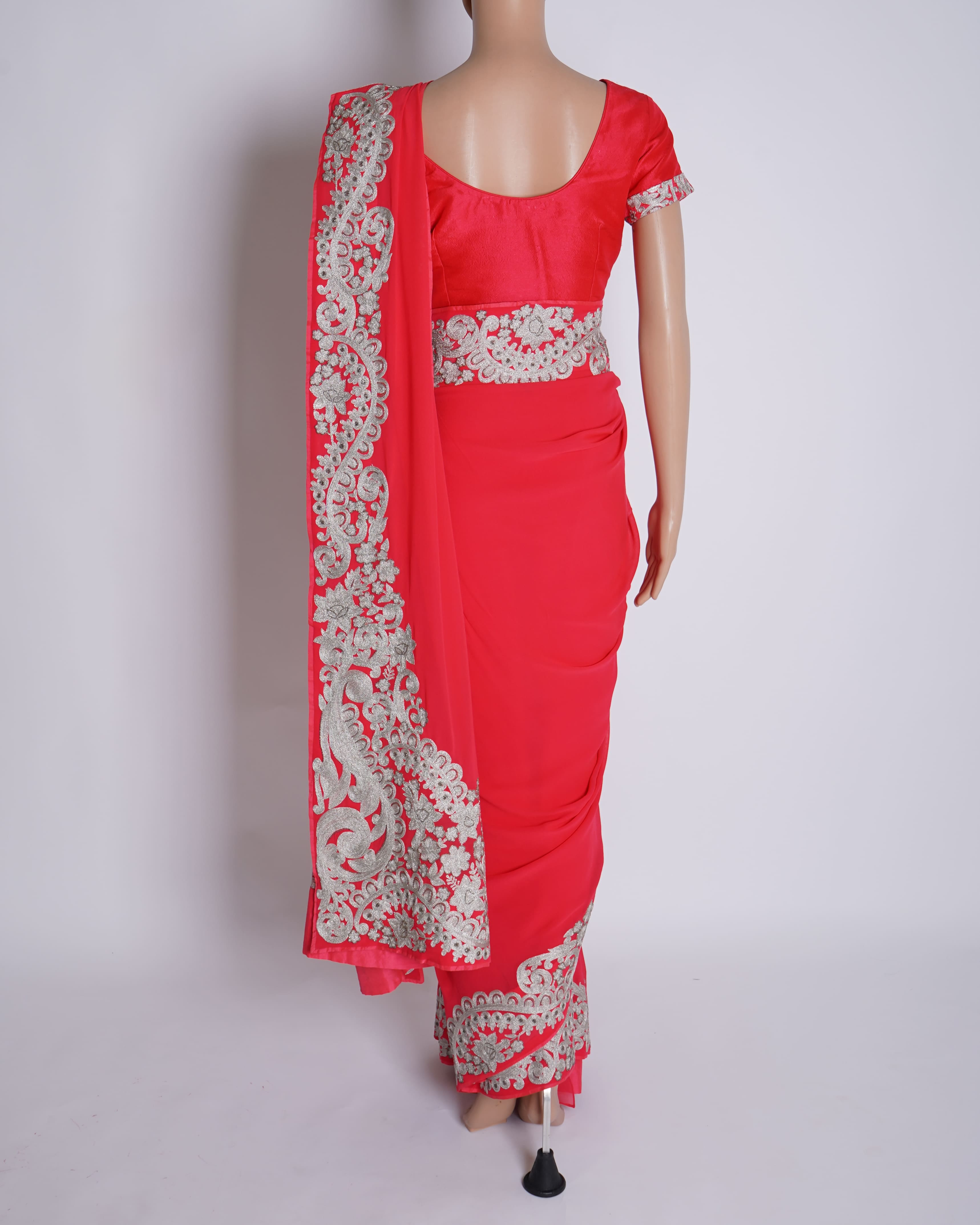 Pankaj & Nidhi Bordered Cherry Pink Saree With Pre - stitched 2 Blouses