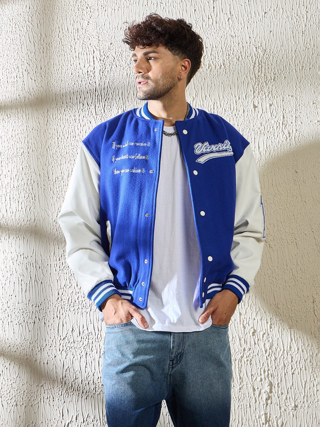 Blue Royal Blue Statement Woollen Varsity Jacket